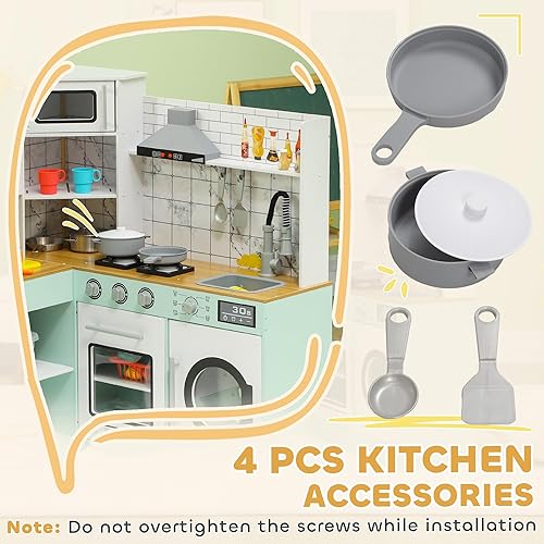 Miniatura 6 de Qaba Cocina de juego de simulación de esquina, juego de cocina de juguete para niños con pizarra, campana extractora, máquina de hielo, estufa,