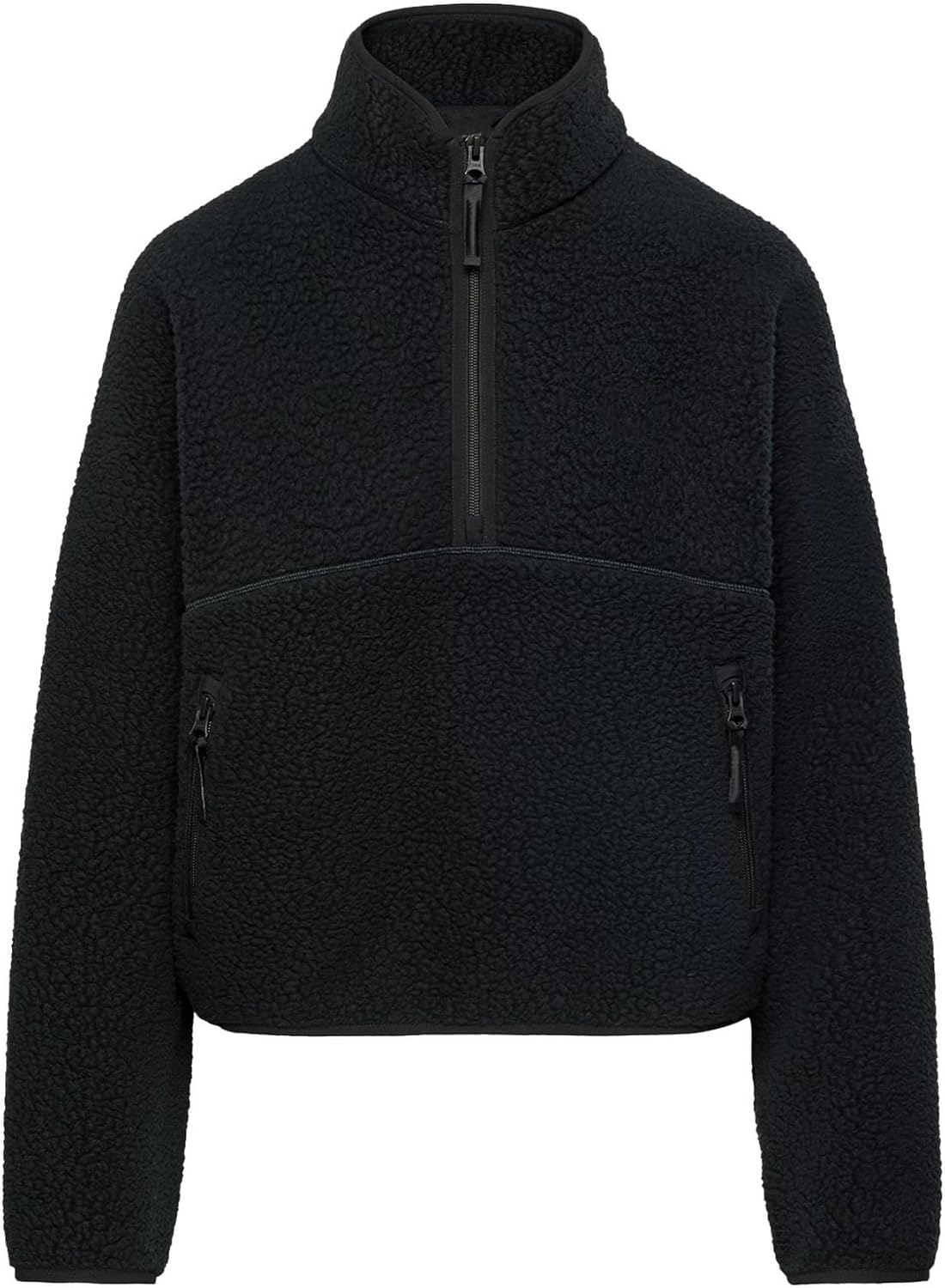Fleece Sweatshirts for Women Cropped Long Sleeve Half Zip Pullover Sherpa Jacket Warm Fuzzy Coats with Pockets(Black,L) - Image 7