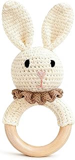TUOWITA Handcrafted Crochet Bunny Rattle with Wooden Teething Ring - Organic Newborn Teether, Sensory Baby Shower Gift, Beige