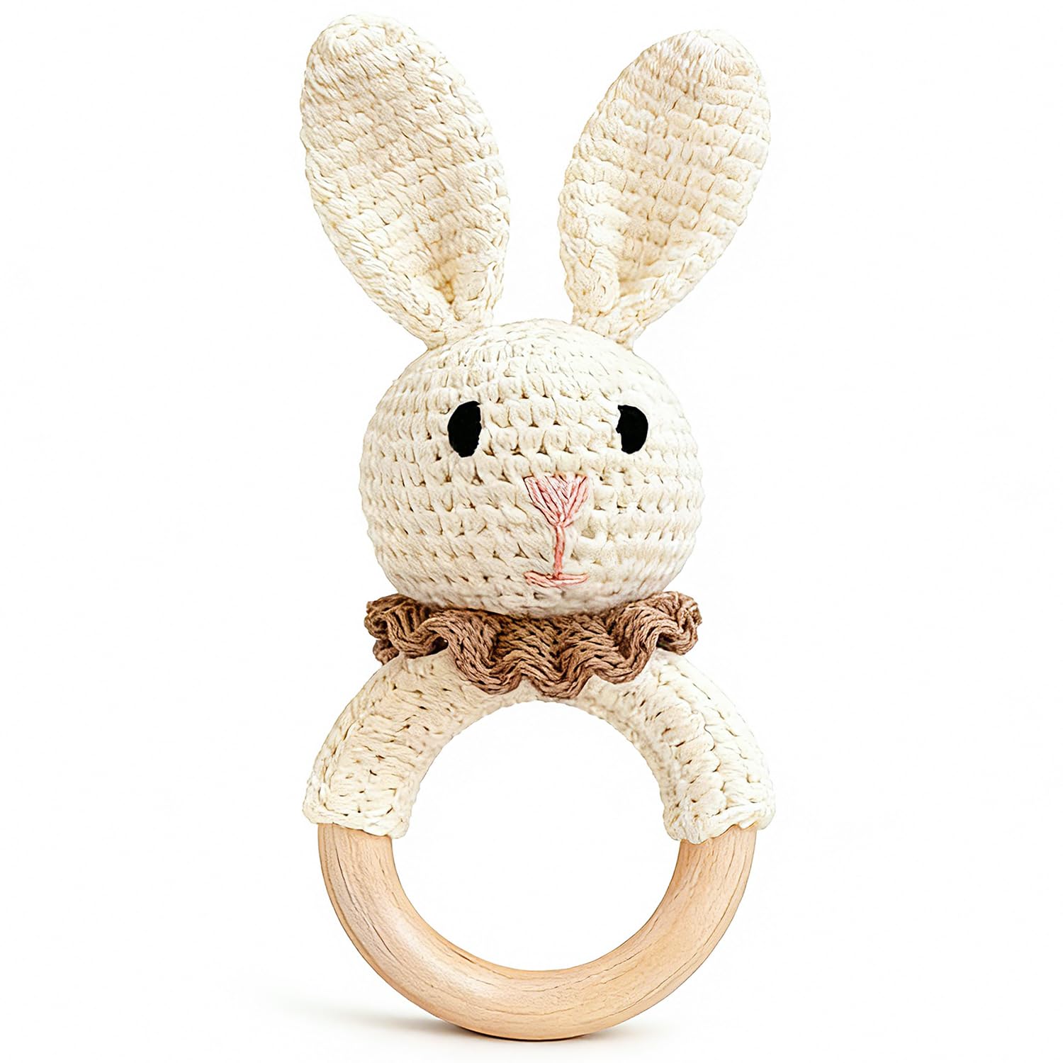 TUOWITA Handcrafted Crochet Bunny Rattle with Wooden Teething Ring - Organic Newborn Teether, Sensory Baby Shower Gift, Beige