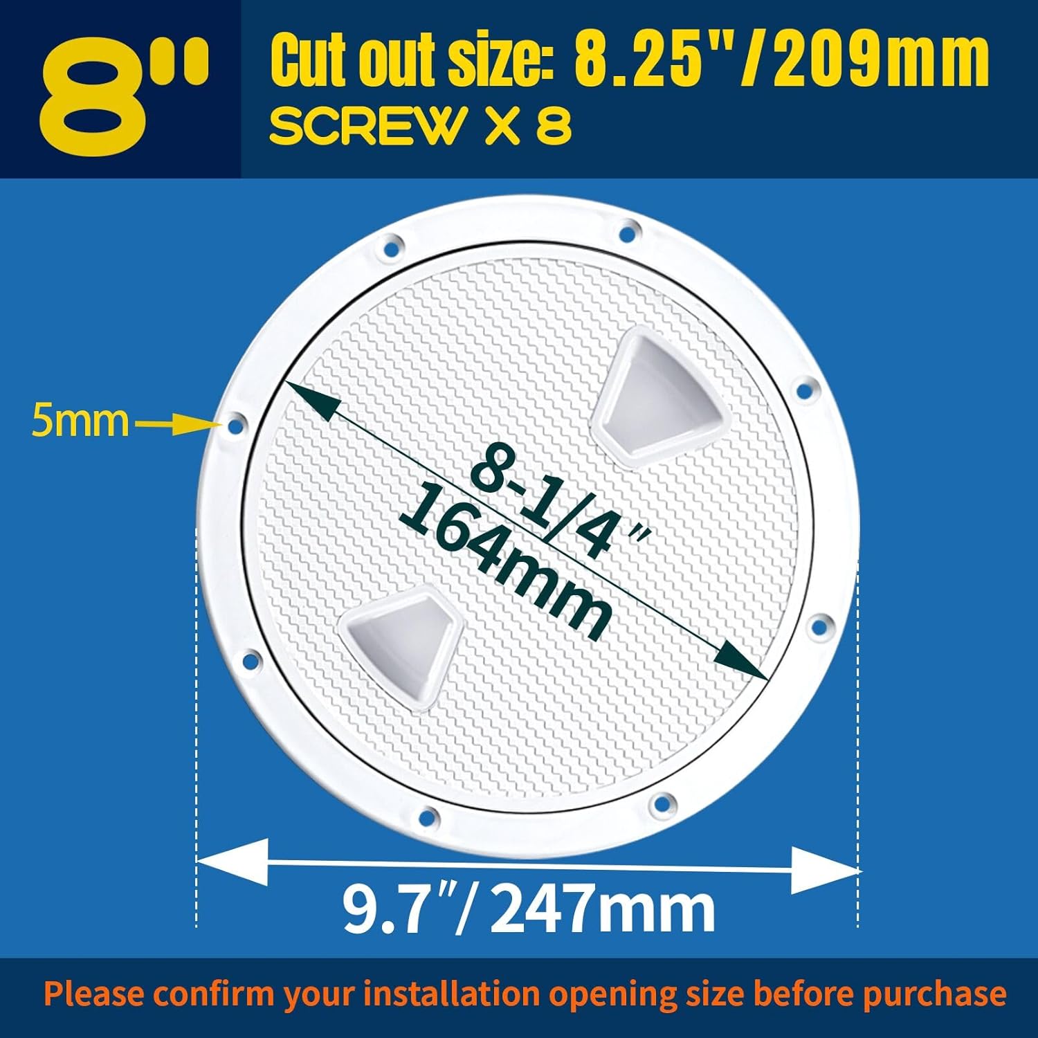 Smartmarine 2Pcs Boat Hatch White 4"6"8" Round Non Slip Inspection Hatch w/Detachable Cover for Marine Boat Yacht Truck RV (8")