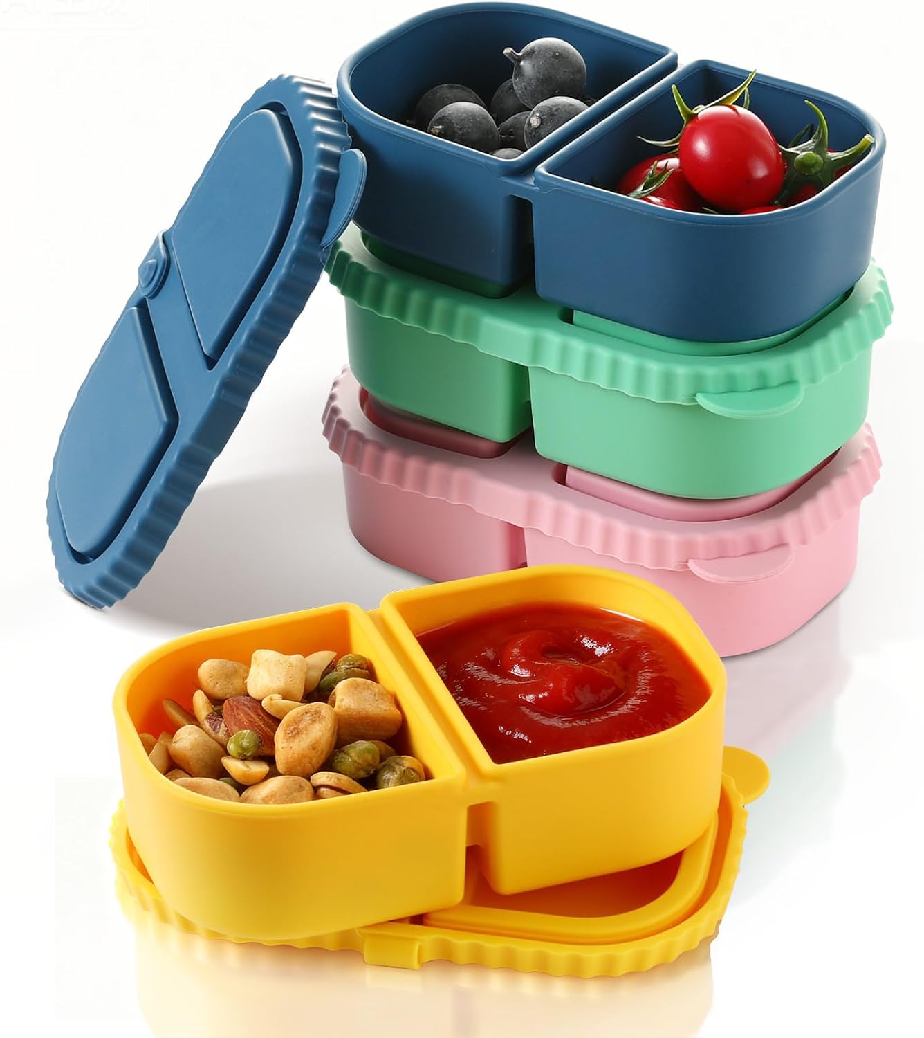 4 pack Silicone Reusable Snack Containers with Lids - Double Compartment Snackle Box for Portion Control & Travel - BPA-Free Mini Containers for Kids, Office, Picnic