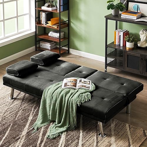 Miniatura 5 de HomJoones Velvet Grey - Moderno sofá cama plegable convertible para espacio de vida compacto, apartamento, dormitorio o reposabrazos extraíbles,