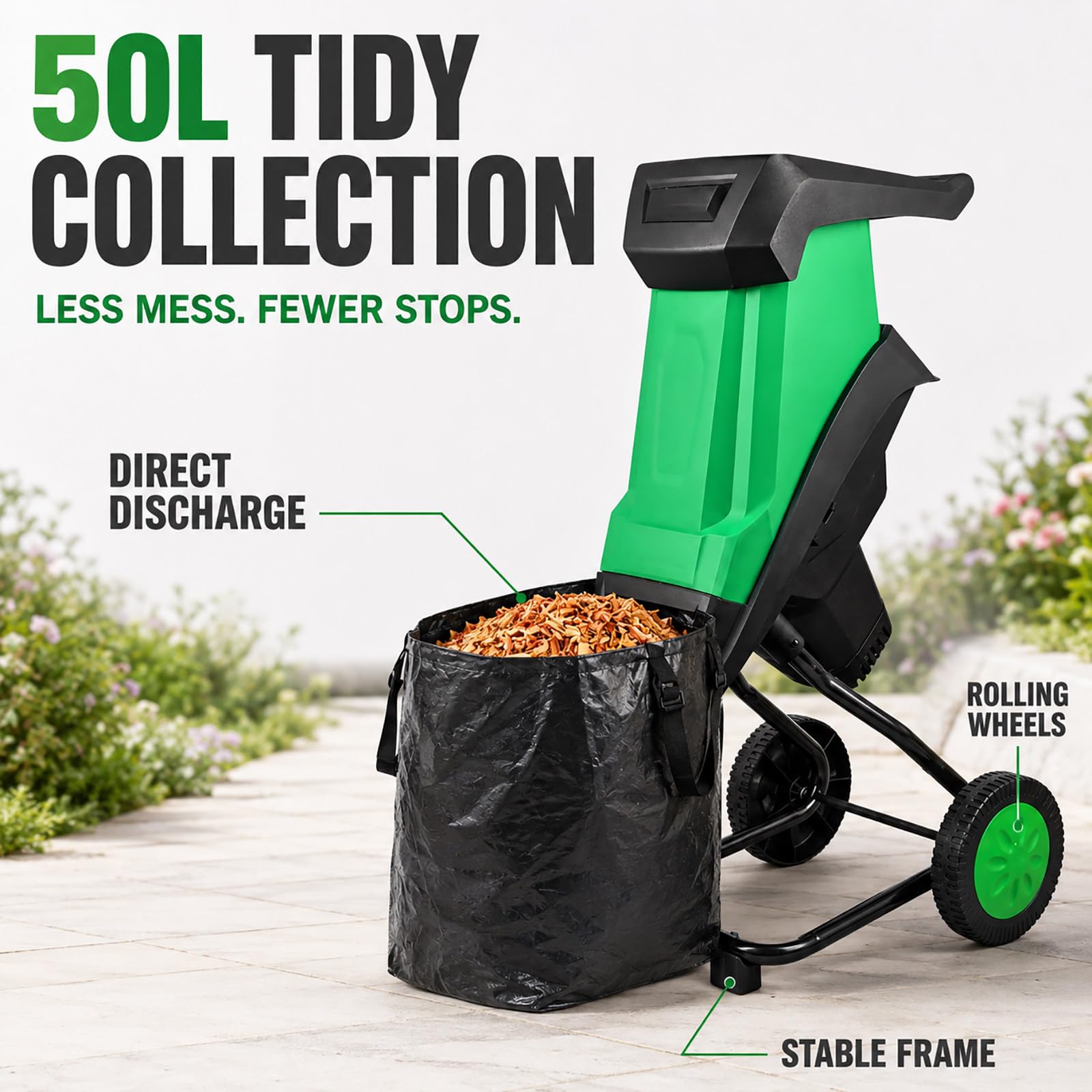 Biotrituratore Elettrico 2400W | Cippatore, Trita Legno, Trituratore Rami,Trinciatrice da Giardino, Tritatutto, per Potature, 1x Contenitori Raccolta 50L