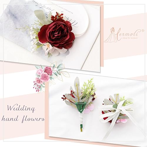 Miniatura 4 de Hermoli Juego de ramilletes de muñeca nupcial flores de seda dama de honor muñeca Boutonniere de mano flores cinta pulsera hoja para mujer