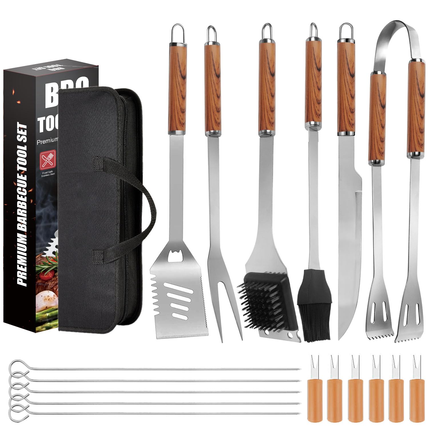 BBQ Tools Set for Dad, 18Pcs Stainless Steel Grill Accessories with Heat-Resistant Handles & Portable Case, BBQ Utensils for Outdoor Cooking, Camping, Travel, Gift for Birthday, Father’s Day