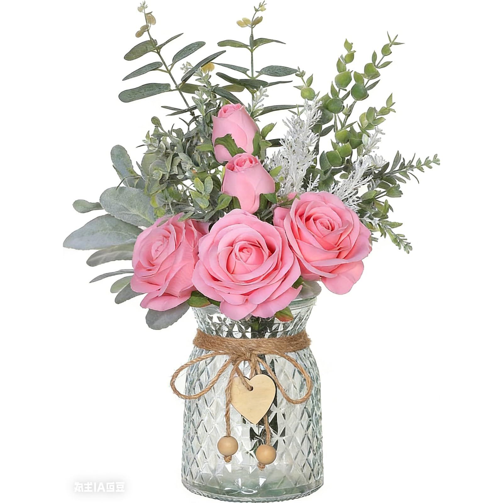 Faux Flowers with Vase Artificial Light Pink Rose Flowers in Vase Fake Eucalyptus Plant Floral Arrangement for Table Centerpieces, Baby Shower, Home Kitchen Office Coffee Shop Decorations(Light Pink)