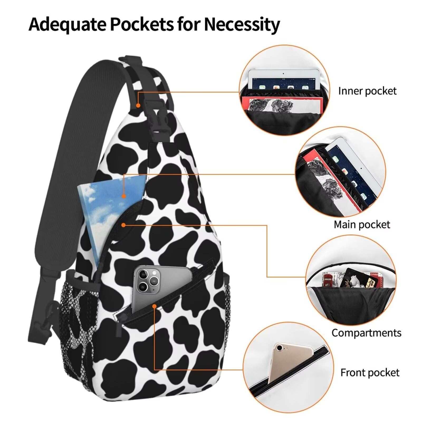 MAGIFUN Cute Cow Sling Bag Crossbody Bag for Women Men Cowhide Black White Crossbody Sling Backpack - Mini Shoulder Bag Chest Bag Daypack for Travel Hiking Outdoor Sports