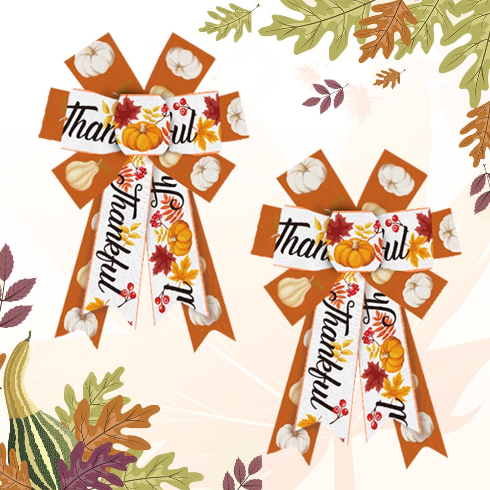 Hying 2 Pieces Fall Bows for Wreath, Thanksgiving Wreath Bows Orange White Burlap Bow Autumn Harvest Pumpkins Craft Bow Holiday Farmhouse Bows for Front Door Wall Happy Fall Thanksgiving Decorations