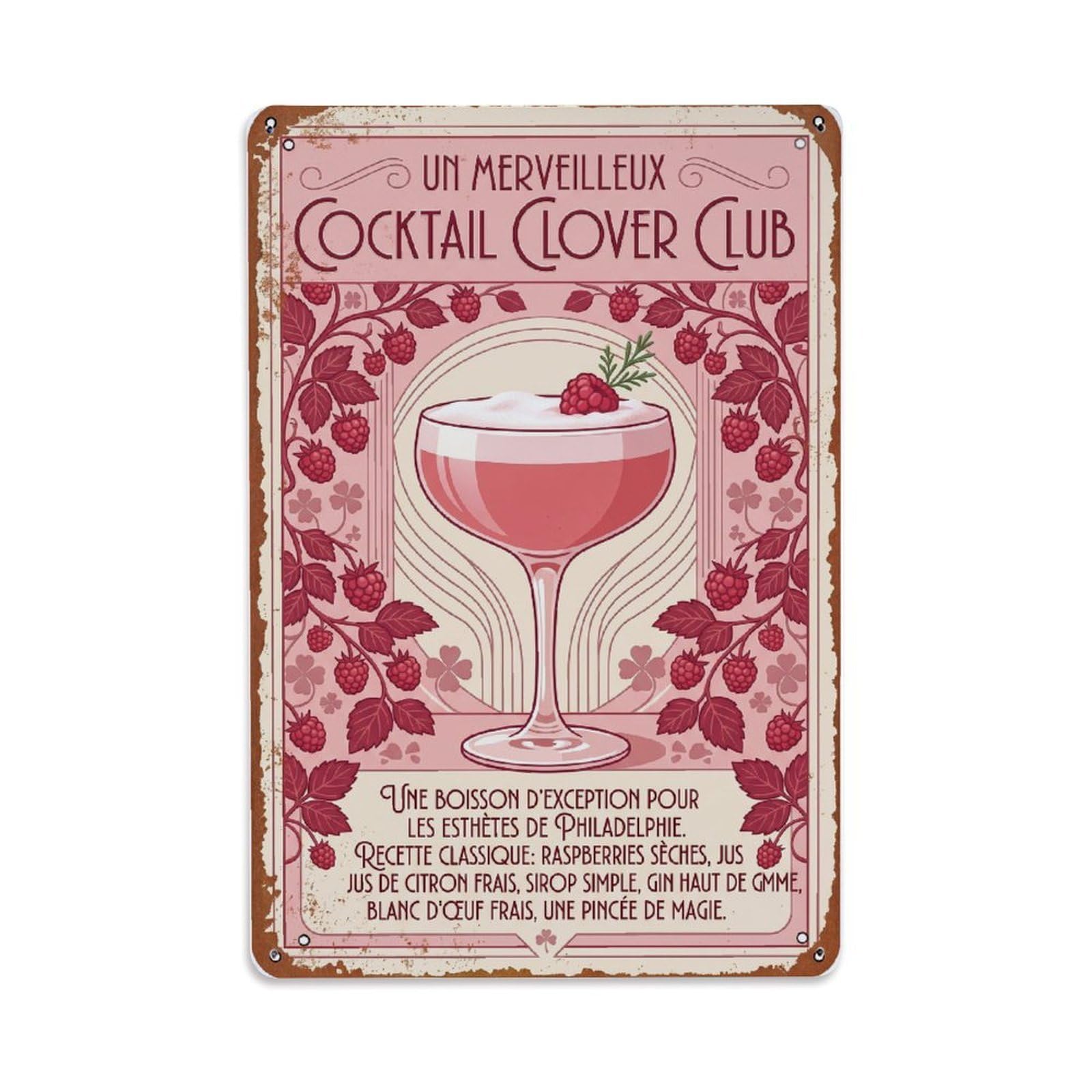 Clover Club Gourmet Cocktail Metal Tin Sign Plaque Wall Decor for Cafe, Club Bar, Office, Home Garden Metal Poster 8x12Inch