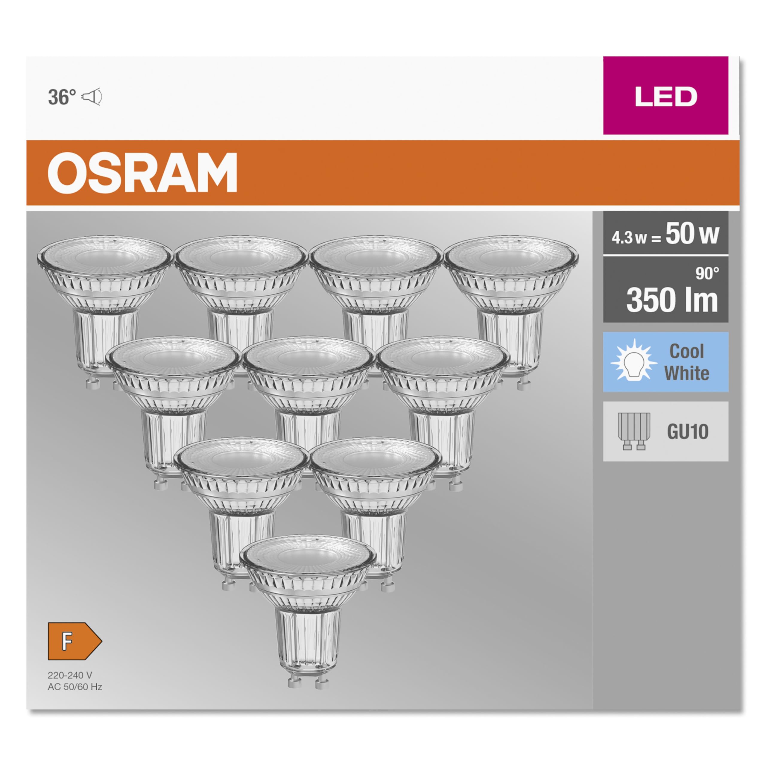 Osram 4058075036703 Spot LED 4,30W Cool Réflecteur 4000K, Verre, GU10, 4 W, Argent, Blanc Froid - Pack de 10