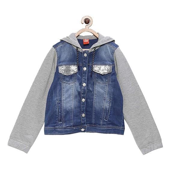 Tales & Stories Girls Blue Solid Lightweight Hooded Denim Jacket