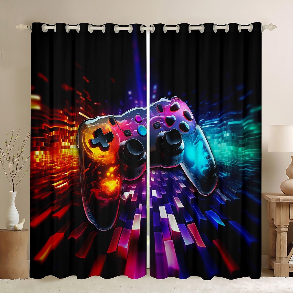Manfei Modern Gamer Blackout Curtain Geometric Gamepad Gaming Window Treatments, Video Games Window Drapes for Kids Boys Teens Room Decor Grommet Top 2 Panel Set Bedroom Curtains, 46Wx54L inch โ image 1