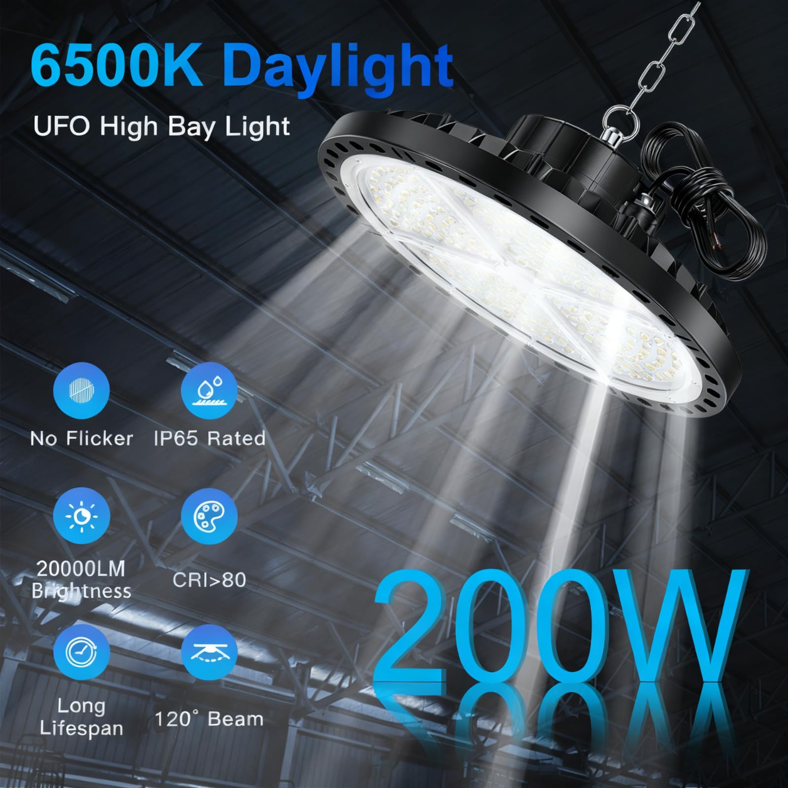 LED Werkstatt Deckenleuchte 200W 2 Stück, 20000lm | UFO High Bay Lights 6500K Kaltweiß Werkstattlampe, IP65 Wasserdichte Industrielampe Hallenstrahler für Fabriken