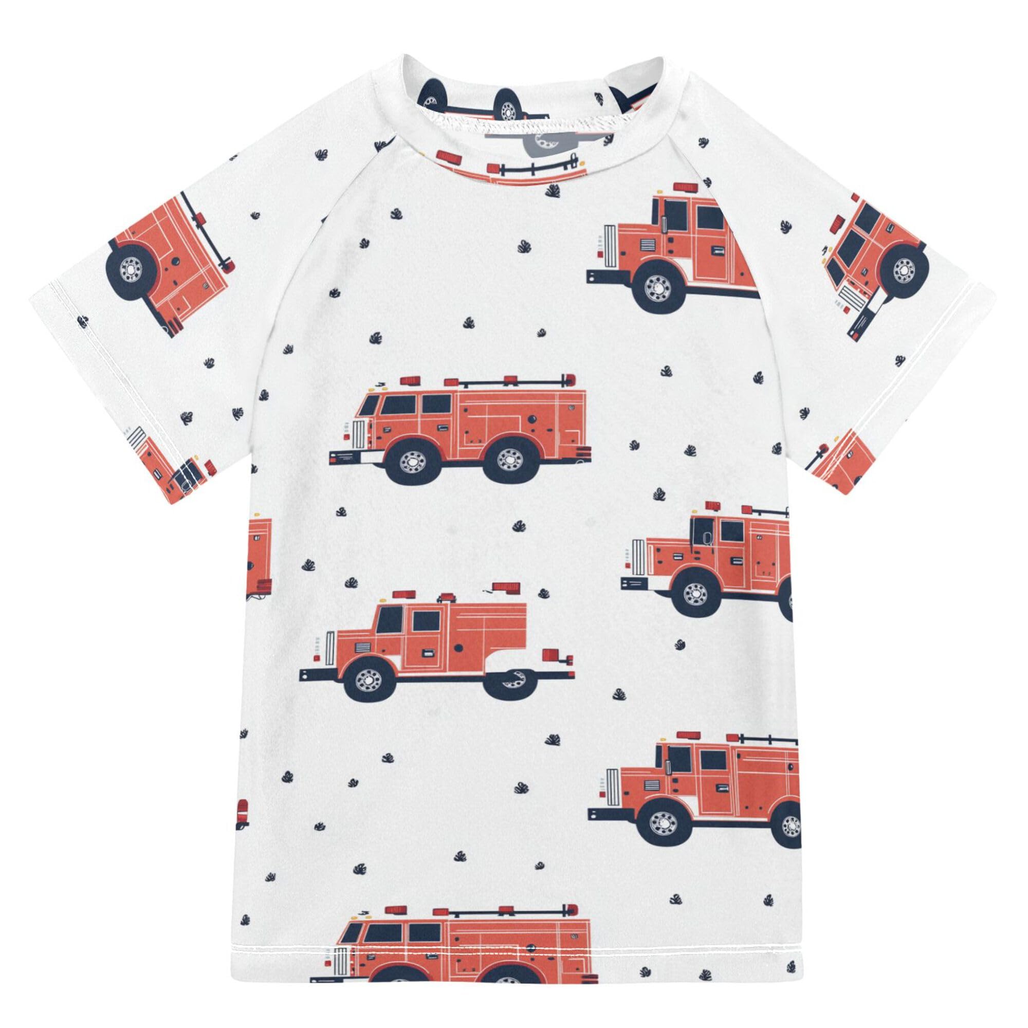 Cartoon Cute Cars White Kids Bathing Suits Girls Short Sleeves Rashguard Girls Swimwears Athletic Shirt for Big Boys 4T