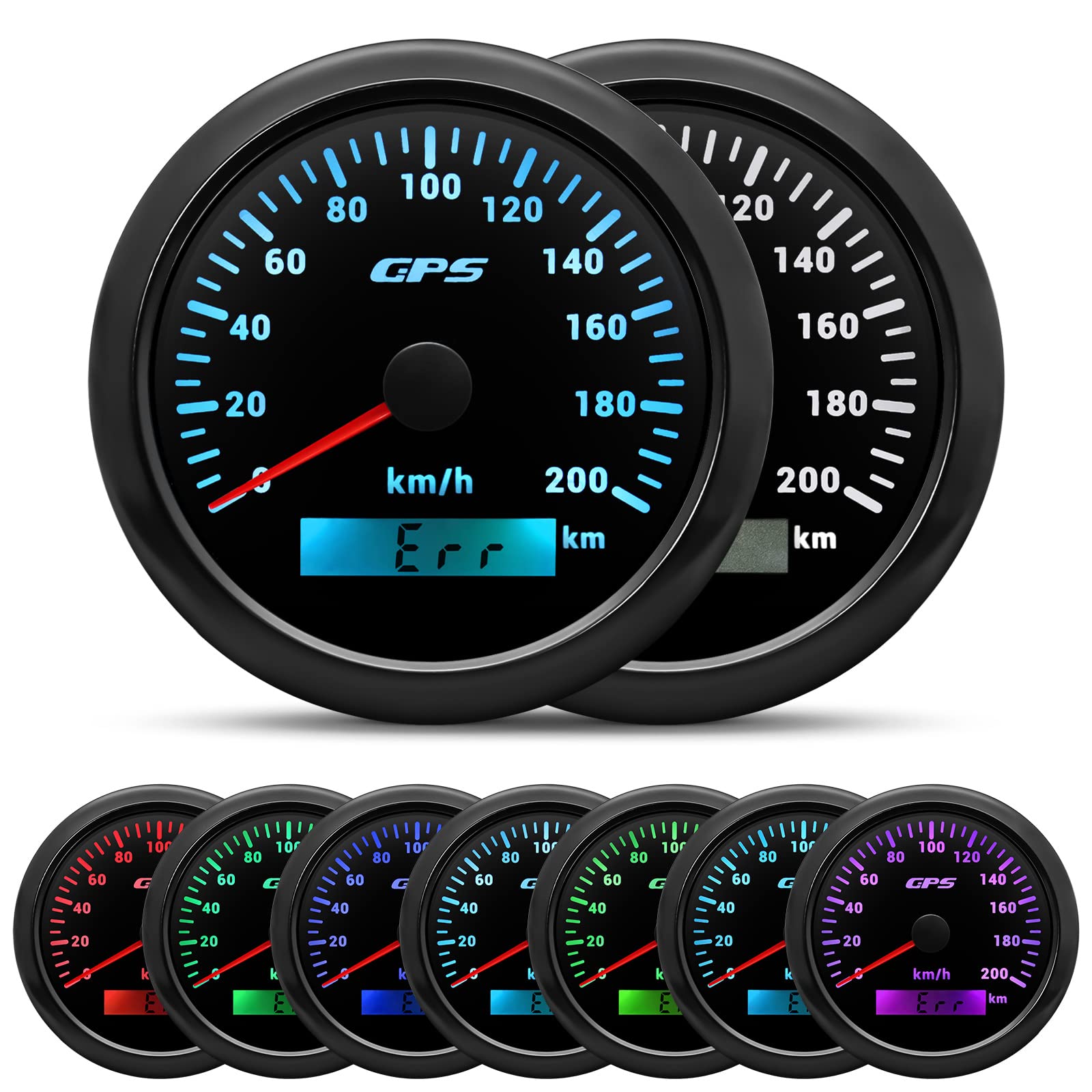85 mm GPS velocímetro 0-200 km/h con retroiluminación LED de 7 colores y odómetro – Instrumento universal impermeable con antena GPS para moto, coche, barco y camión