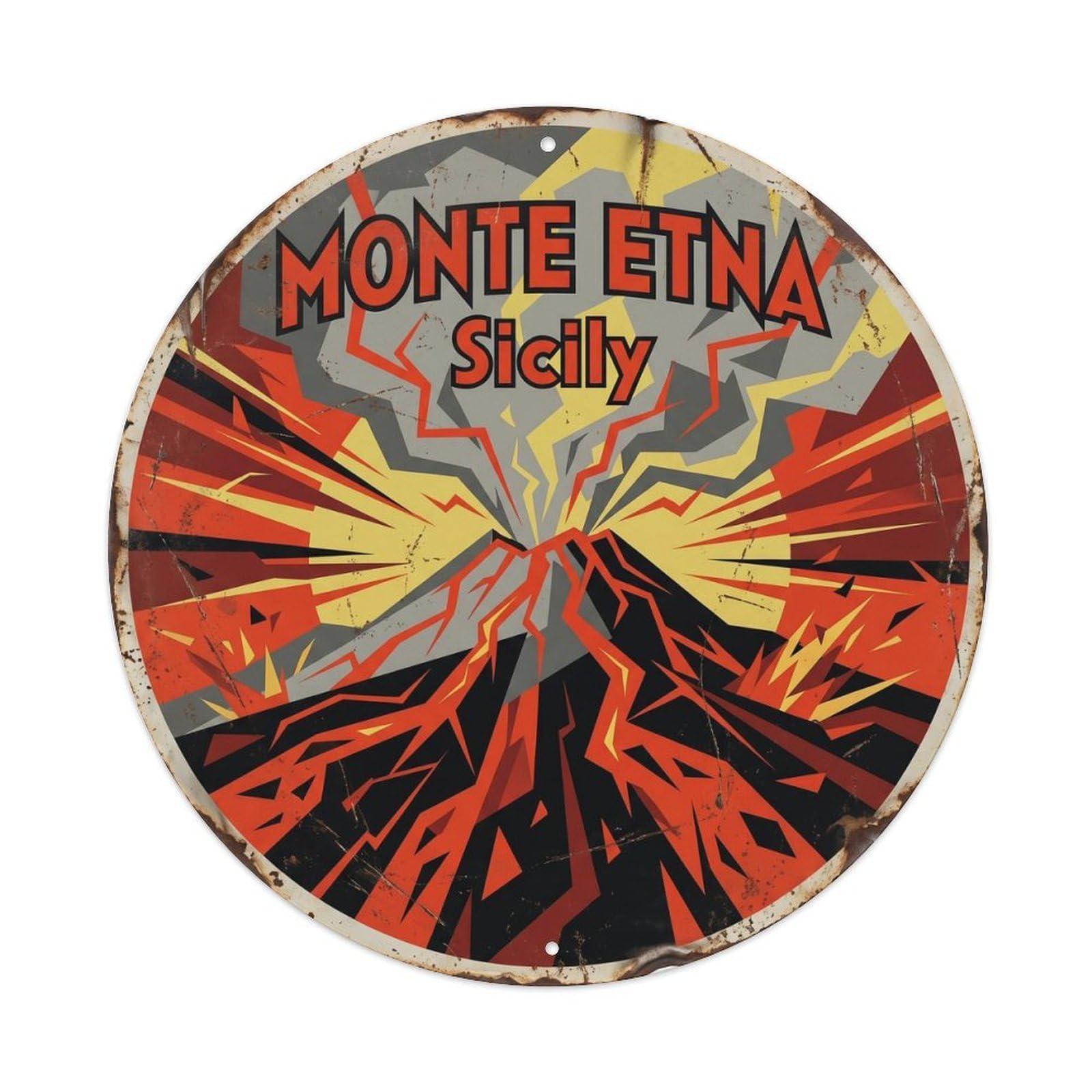 Vintage Travel Etna Volcano Sicily Metal Tin Sign Plaque Wall Decor for Cafe, Club, Garden Round Metal Poster 8x8Inch