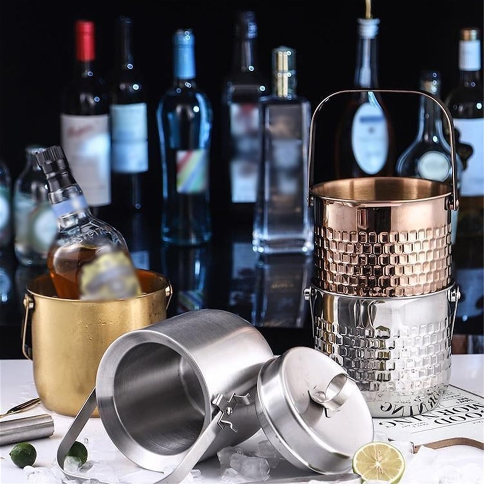 Cubitera Cubitera de Acero Inoxidable Doble Capa con Tapa y Pinzas for Hielo for Bar Fiestas Cubitera para Botellas(Rose Gold)