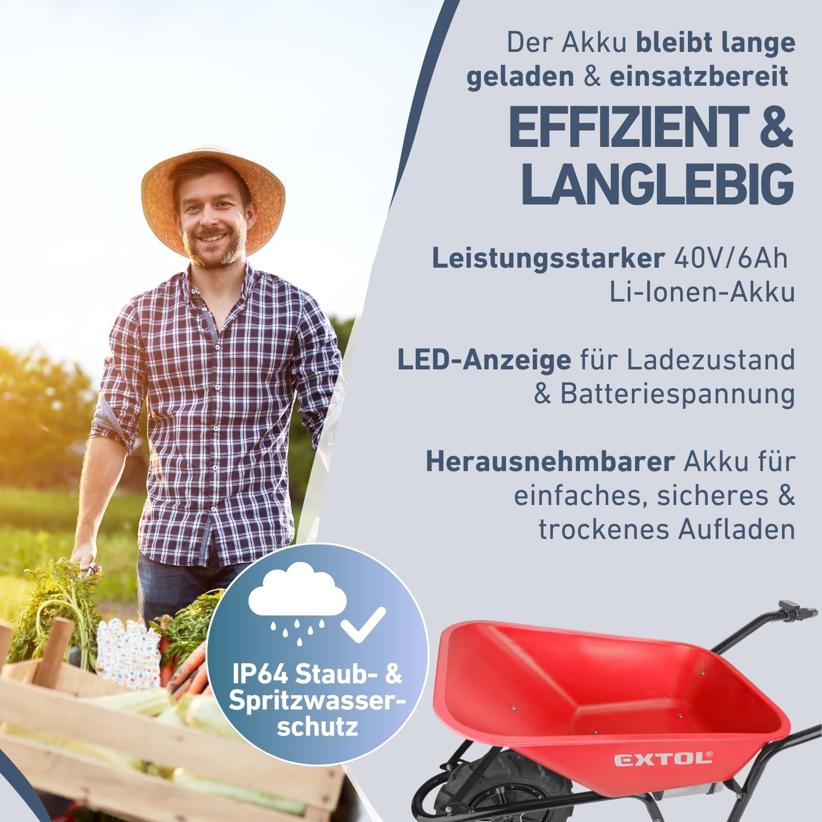 Elektrische Schubkarre mit Akku, 80L Mulde, 150kg Traglast, leistungsstarker 500W Motor durch 40V Li-ion Akku mit 6000mAh