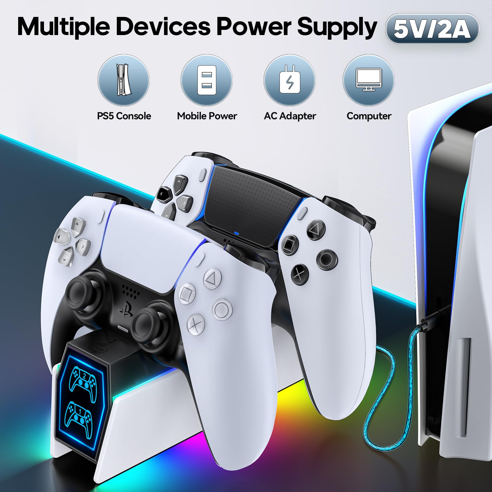 Base di Ricarica PS5 e Edge, Caricatore per Controller Con Adattatore e Cavo USB, Accessori per Playstation 5 Console