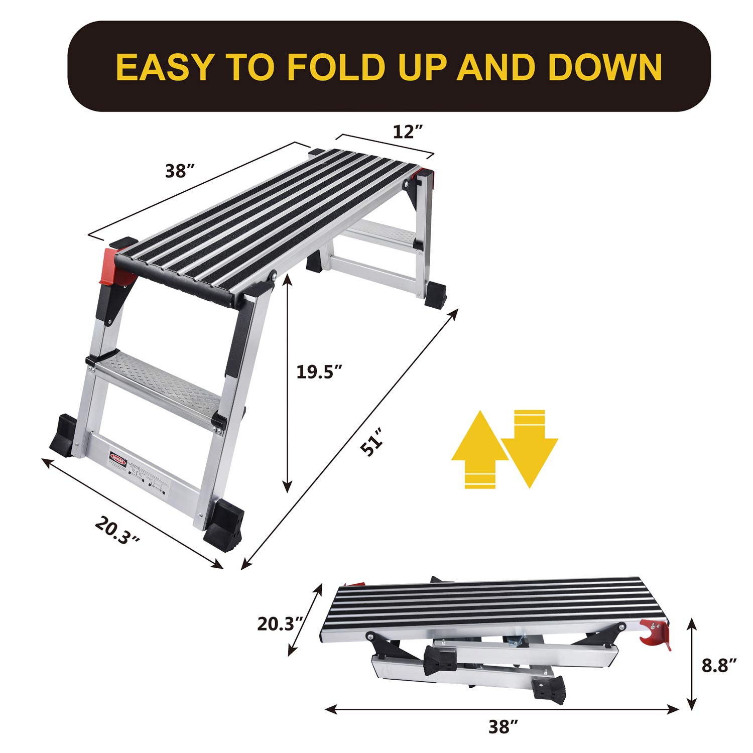 Aluminum Work Platform Large Size Step Stool Folding Portable Work Bench with Non-Slip Mat Capacity 660 LBS Heavy Duty