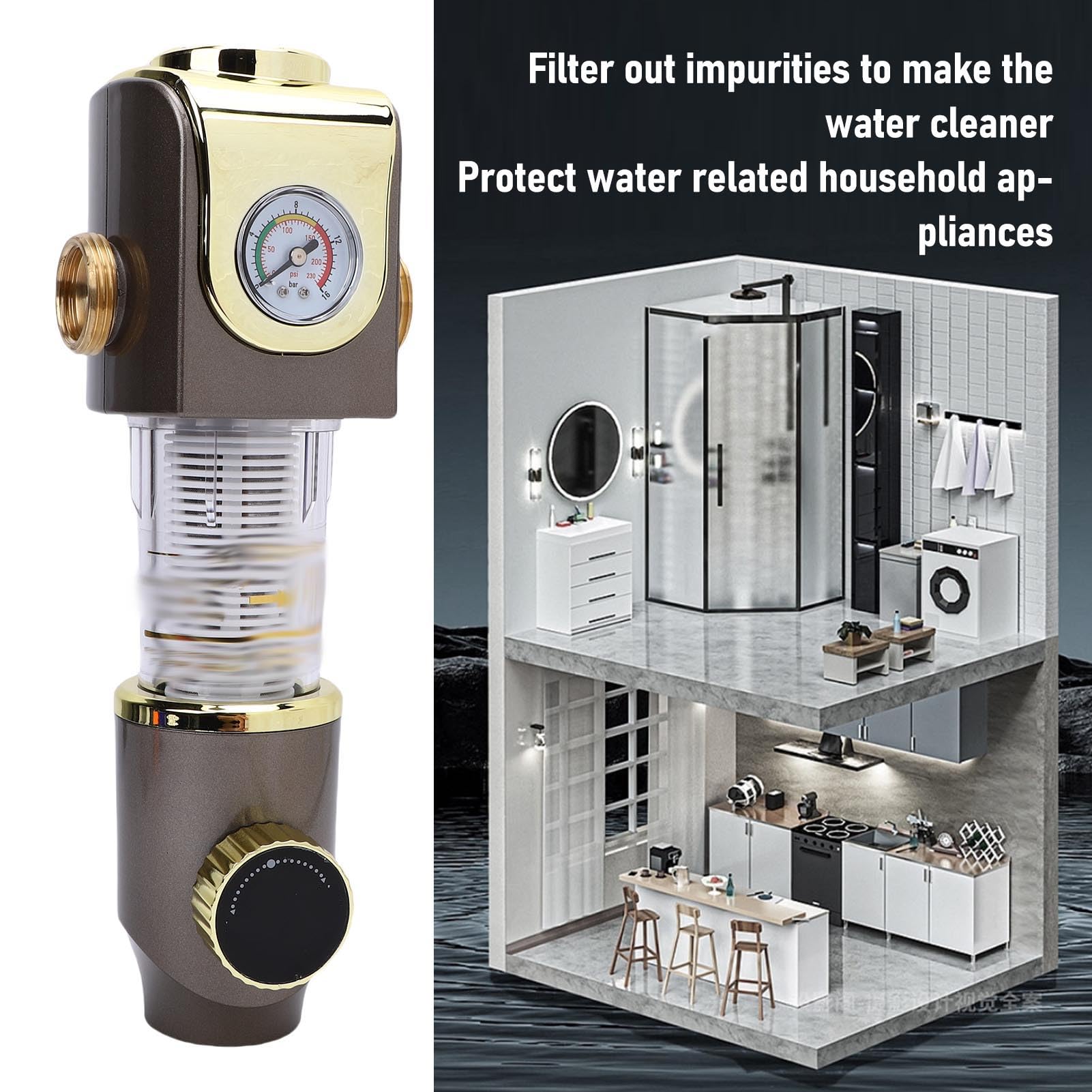 Filtro de Sedimentos para Toda la Casa, 8 Toneladas por Hora, con Manómetro de Retrolavado, Autolimpieza de 40 Micrones, Reutilizable para Agua de Pozo Doméstico