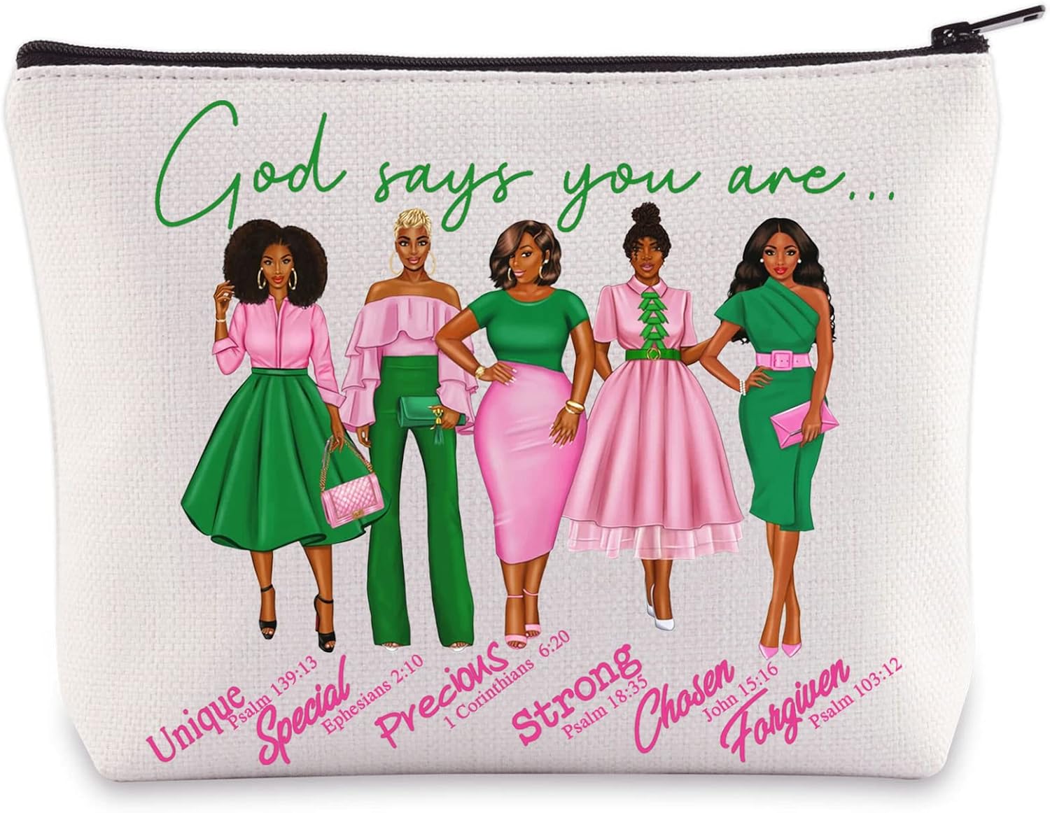 WZMPA Sorority Sisters Cosmetic Makeup Bag Pink and Green Gift God Says You Are Sorority Makeup Zipper Pouch Bag Greek Sorority Paraphernalia (God Says AK TB-BL)