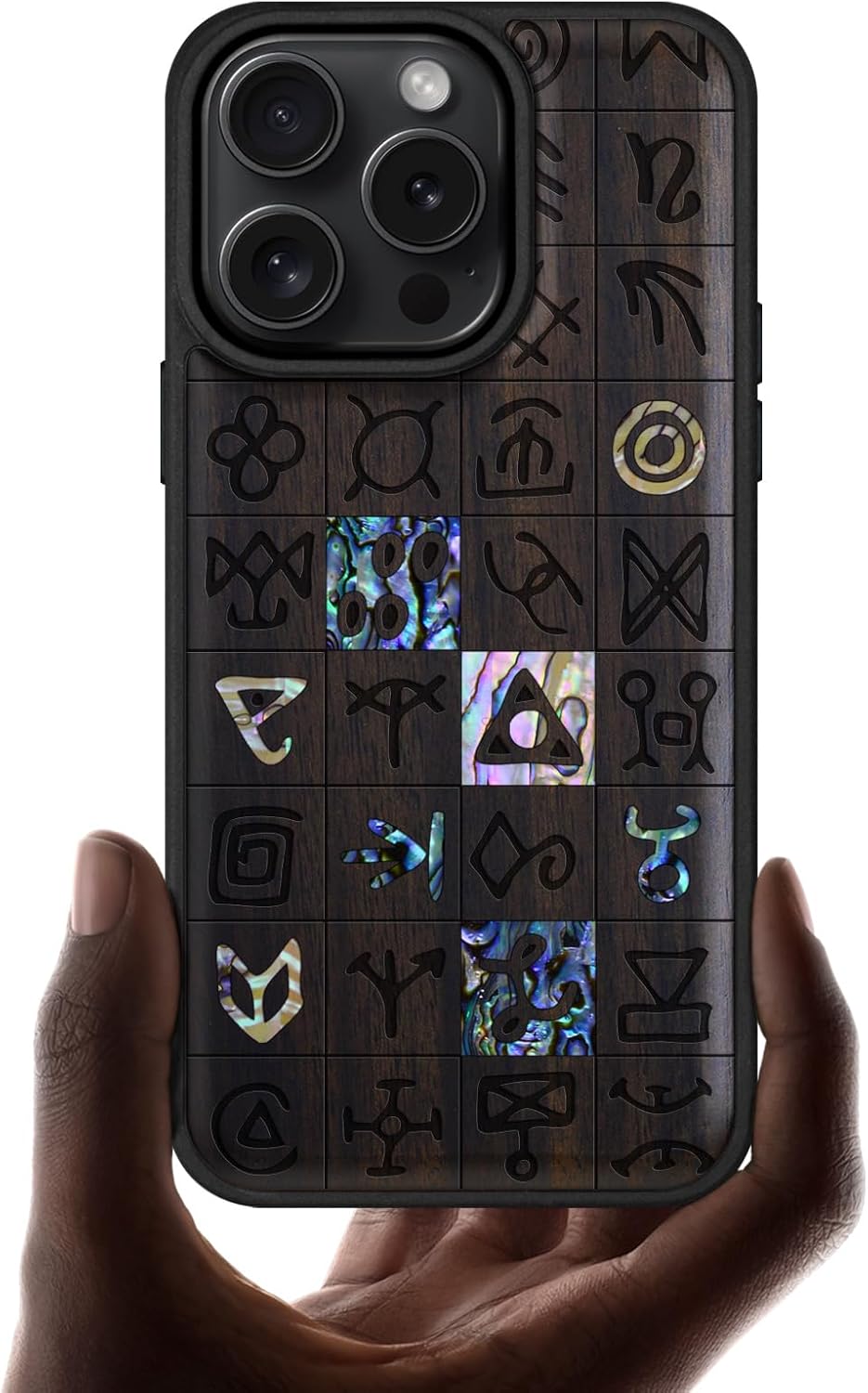 Carveit Magnetic Case for iPhone 16 Pro Case, Wood Artisan Engraved & Handmade Shell Inlaid, TPU Shockproof Cover, Compatible with MagSafe Wireless Chargers (Mystical Runes) Blackwood