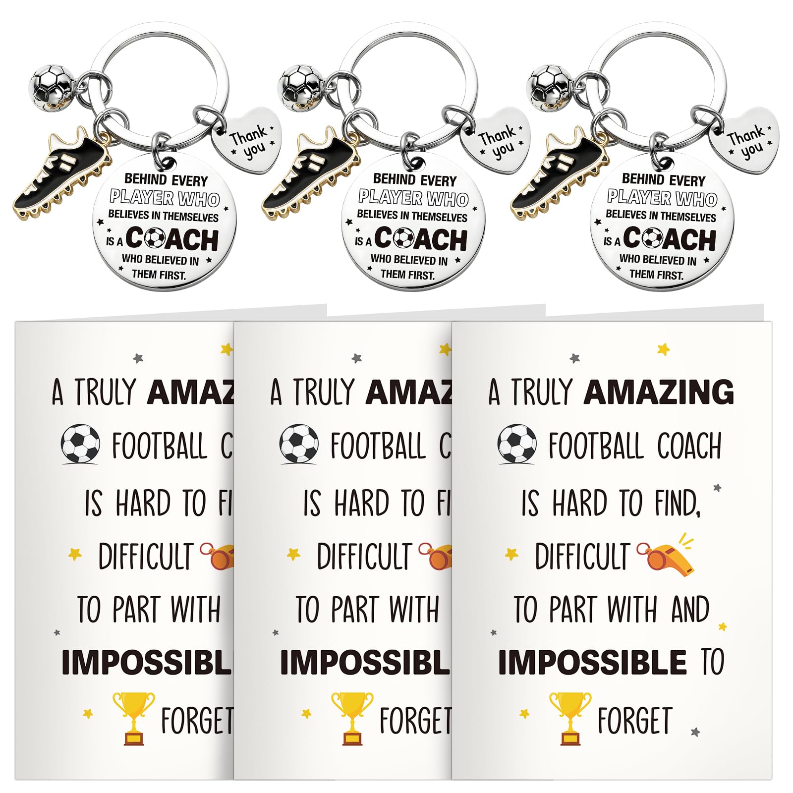 DOORIO 3 Sets Football Coach Keyring Gift Thank You Football Coach Keyring Gifts for Men with Thank You Card for Football Coach Manager Farewell Gifts (A, 3Pcs)