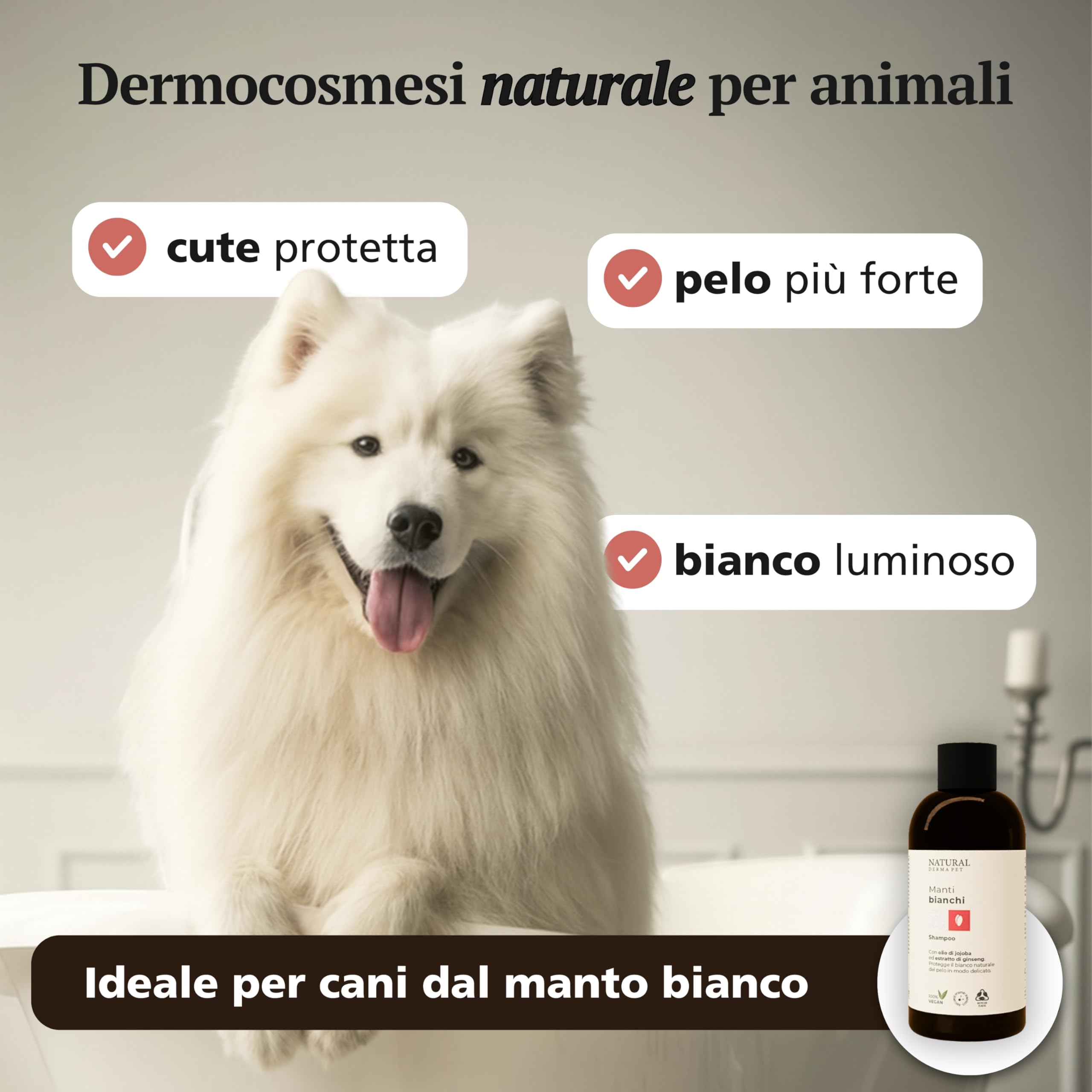 Natural Derma Pet Shampoo per Cani Pelo Bianco - Ideale per Tutti i Manti Chiari, Delicato sulla Cute per un Manto Sano, Morbido e Lucido - 200 ml - Made in Italy - 100% Vegan