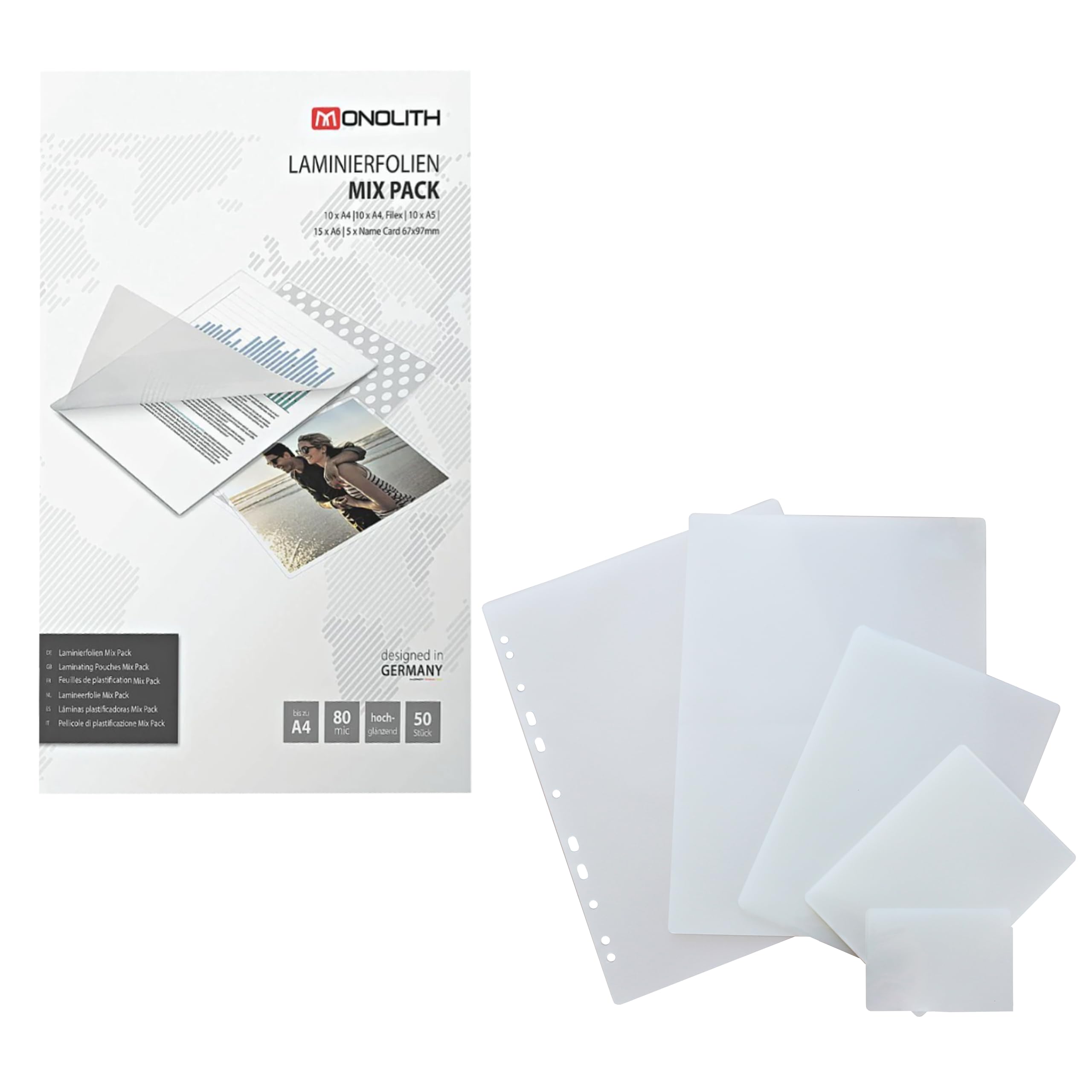 monolith 8991A00002 - Mix Pack Laminating Pouches, Set of 5 Different Films, 80 Microns in Pack of 50, Sleeves for Laminating, High-Gloss and Transparent