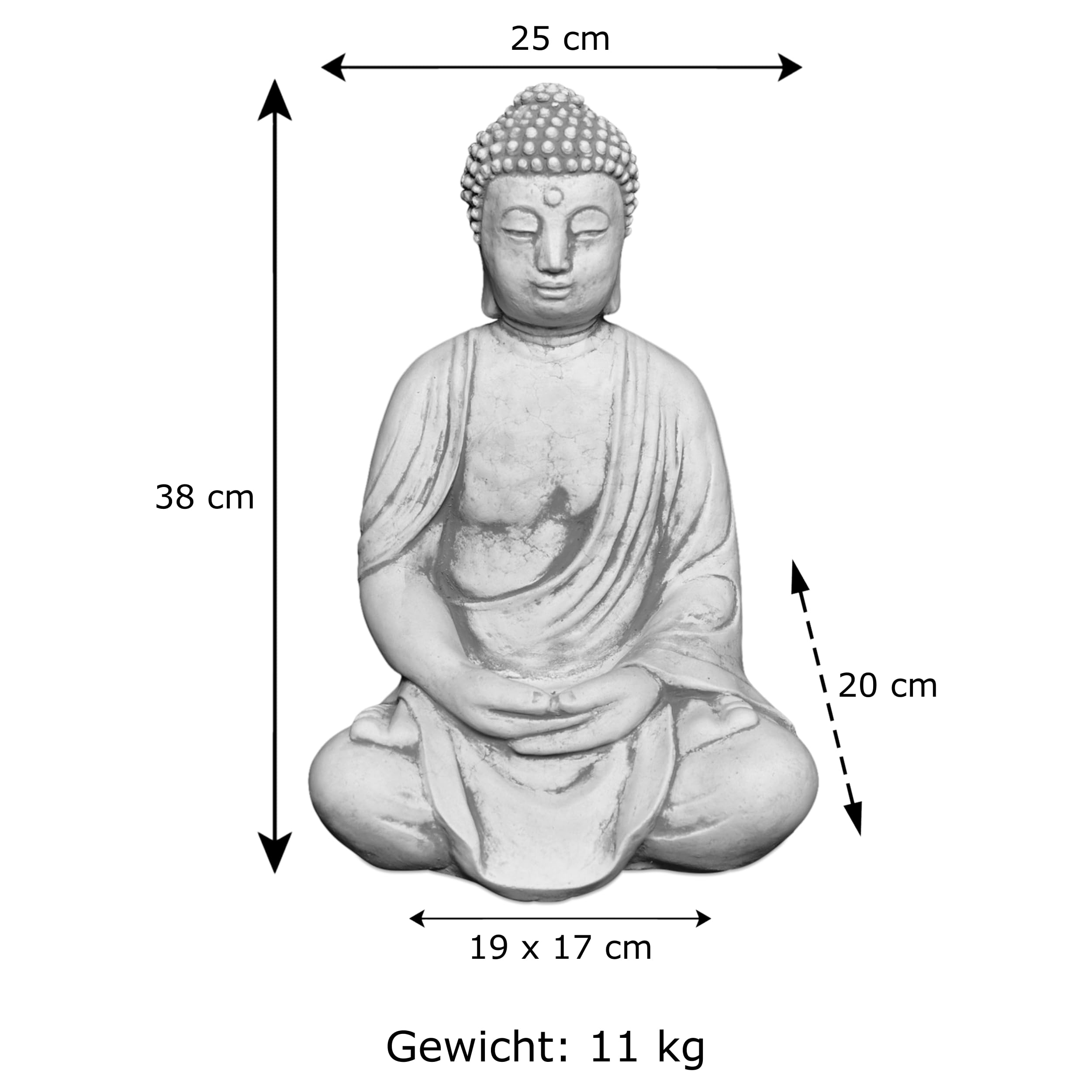 gartendekoparadies.de Sitzende Buddha Statue, Steinfigur, H. 39 cm, 12 kg, Grau, frostsicher aus Steinguss für Außenbereich