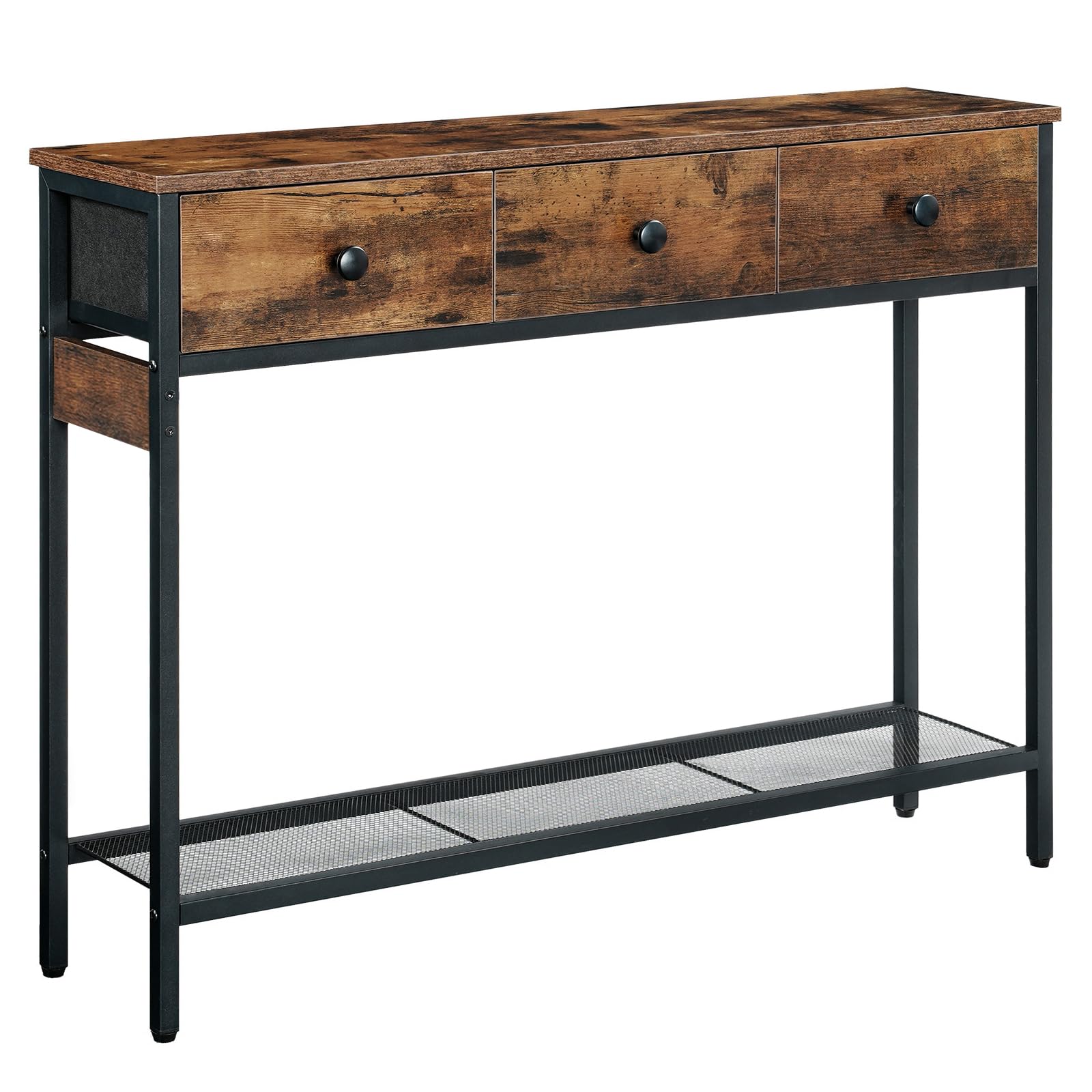 HOOBRO Mesa de Consola Estrecha con 3 Cajones, Mesa Auxiliar, Mueble Industrial para Sofá, con Estante de Almacenamiento, para Pasillo, Dormitorio y Recibidor, Marrón Rústico y Negro EBF83XG01