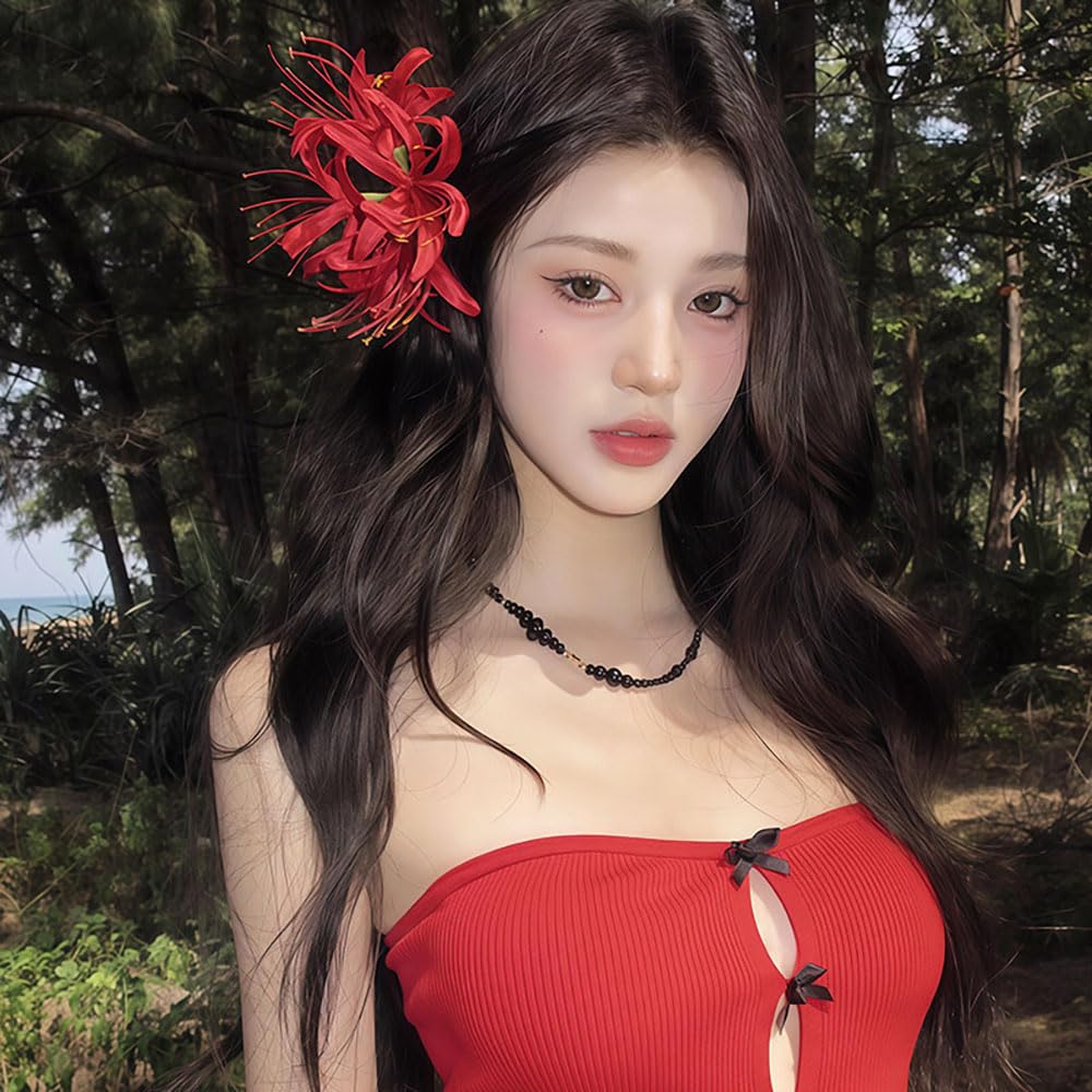 Red Spider Lily Flower Hair Clips for Women Tassel Flower Clips for Hair Accessories Lycoris Radiata Floral Hairclip Duckbill Clip Cute Decorative Barrettes for Women Side Hairclips