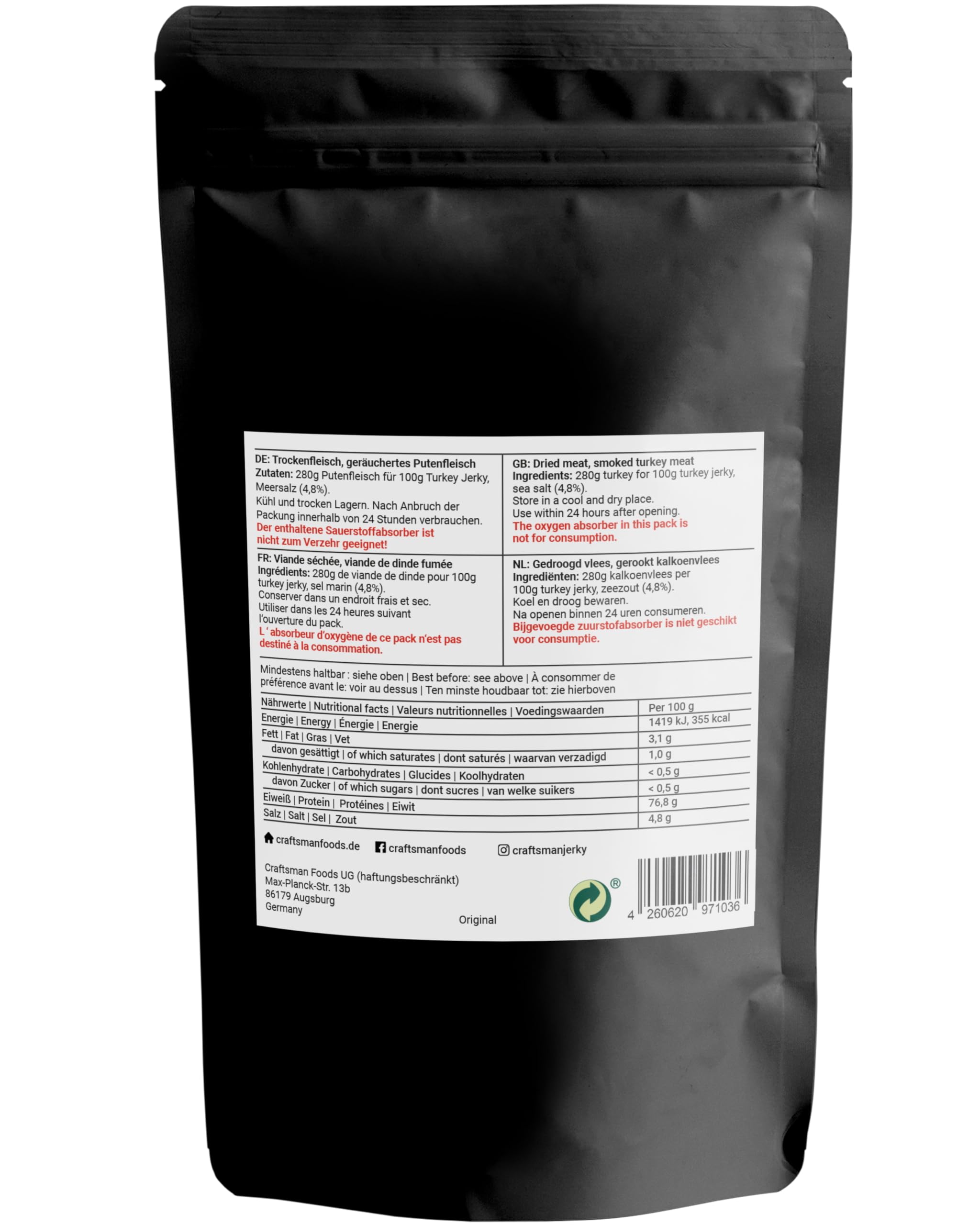 Craftsman Turkey Jerky | natürliches Trockenfleisch ohne Zucker 150g 3x 50g