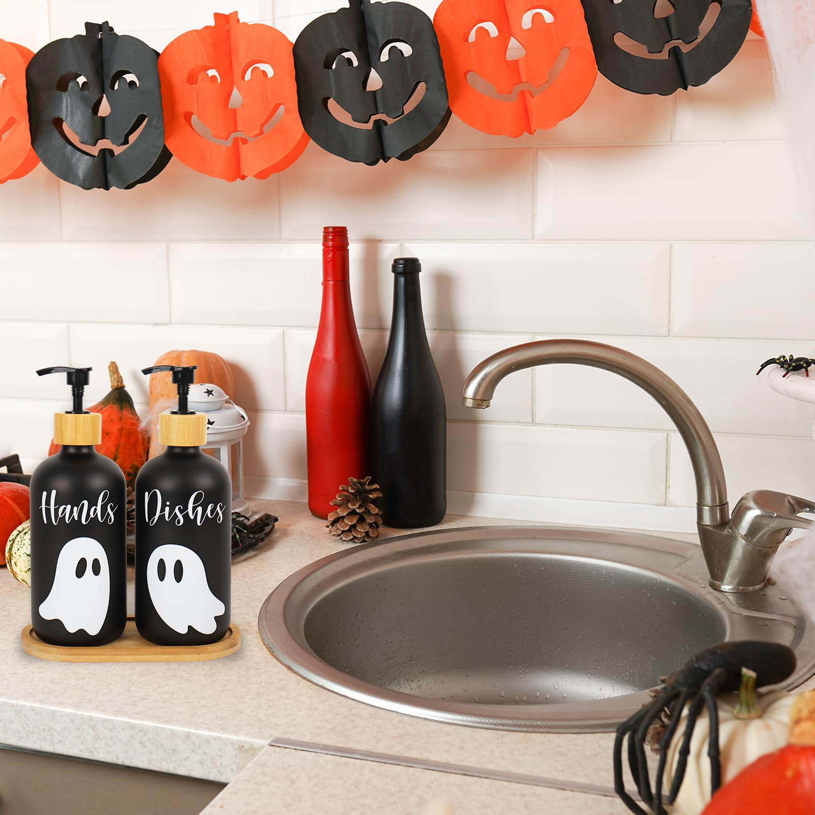 JarThenaAMCS Halloween-Seifenspender mit Pumpe, 473 ml, nachfüllbar, schwarzer Flüssigseifenbehälter für Küche, Badezimmer, 2 Stück