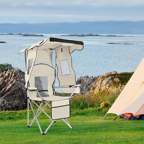Miniatura 8 de ptlsy Silla de camping plegable con toldo, silla de playa con toldo con portavasos, bolsa enfriadora para campamento, pesca, playa, deportes y