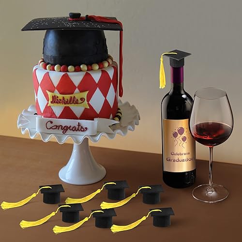Miniatura 3 de Geiserailie 36 mini gorras de graduación 2024 con borlas para botellas de vino de graduación (gorra negra con borla dorada)