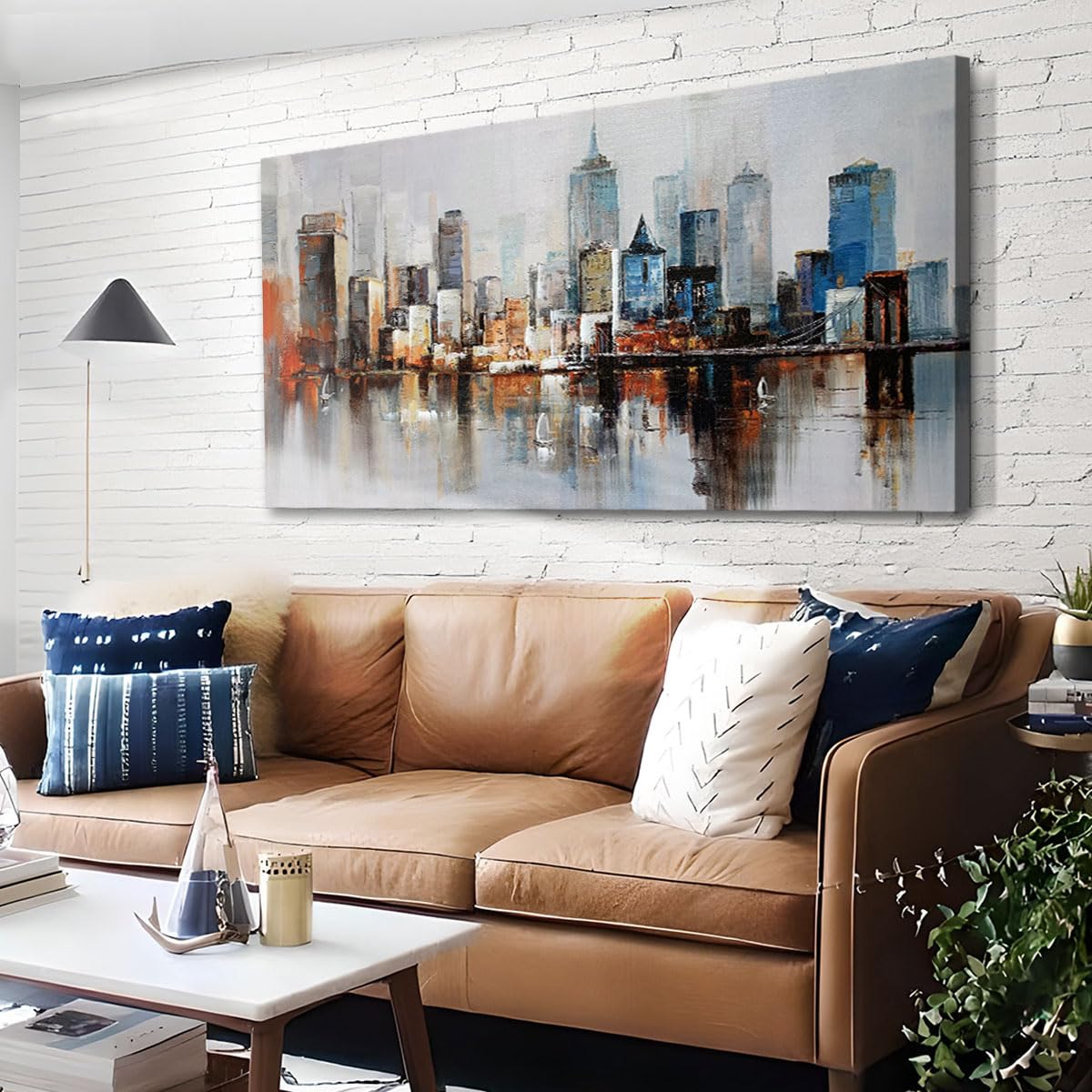 Arjun Canvas Wall Art Prints Modern Abstract Cityscape Brooklyn Bridge Painting Stretched and Framed Modern Colorful New York Skyline Buidlings Picture for Home Office Decor 48"x24", Original Design