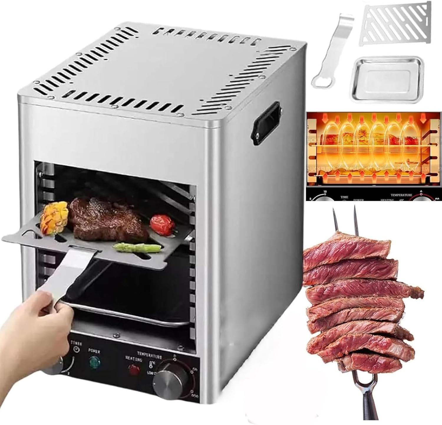 1700w Electric Automatic Steak Broiler,800℃ High Temperature Grilling/5min Quick Preheating/Stepless Knob- for Beef Chicken Vegetables
