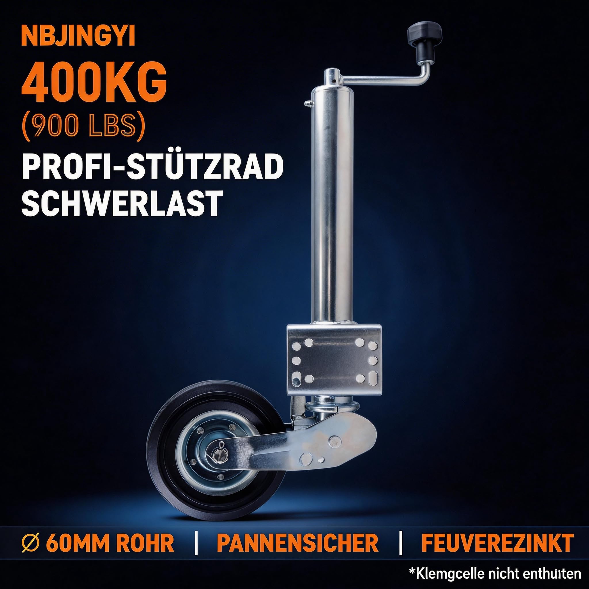 NBJINGYI Anhänger Stützrad 400kg - Ø 60mm Ersatz-Stützrad mit Pannensicherem Vollgummi-Reifen & Stahlfelge, Dickwandiges Verzinktes Stahlrohr, Rangierhilfe für Wohnwagen, Bootstrailer