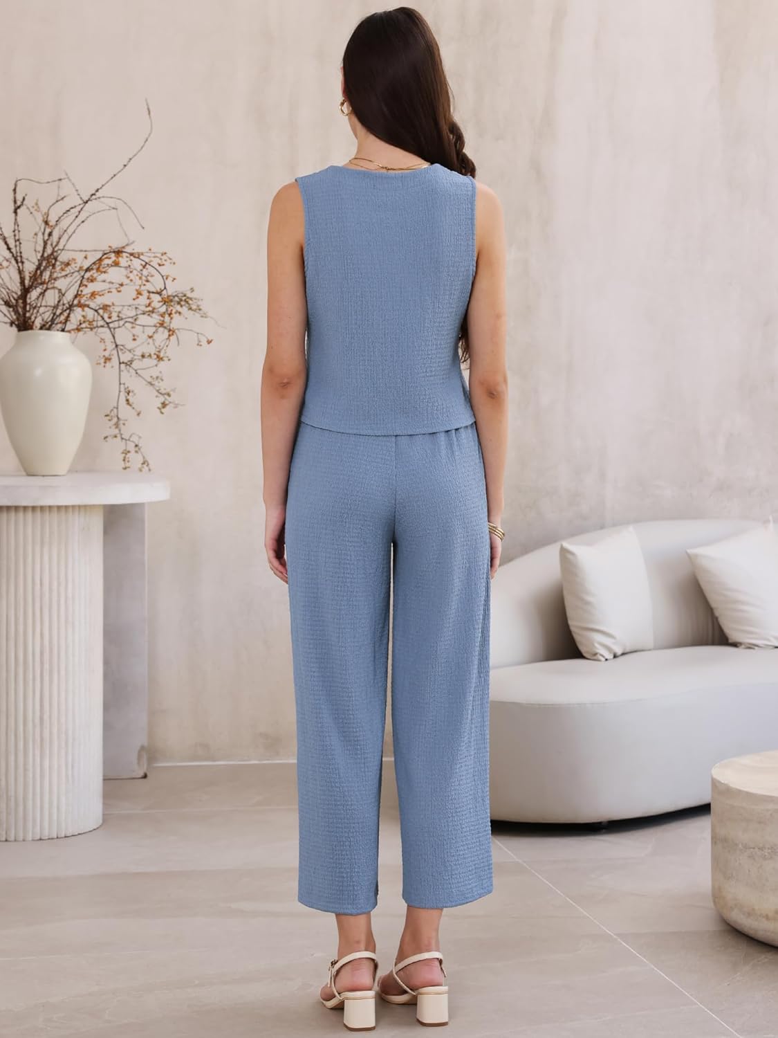 Allegra K 2 Piece Sets for Women's High Waist Pockets Textured Dressy Casual Lounge Pants Suit Set - Image 3