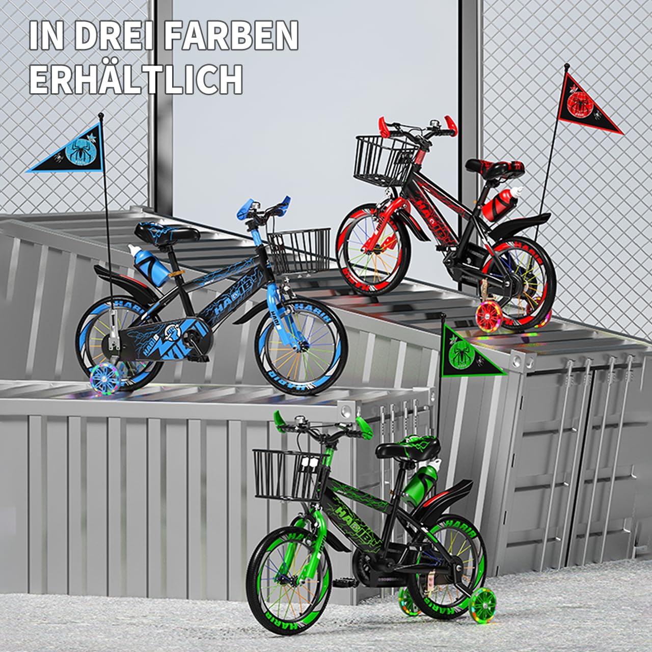 Habib Kinderfahrrad Jungenfahrrad 12 14 16 Zoll ab 3 Jahre – mit LED Stützrädern, Korb, Klingel & GRATIS Helm & Pumpe, Vorderradbremse