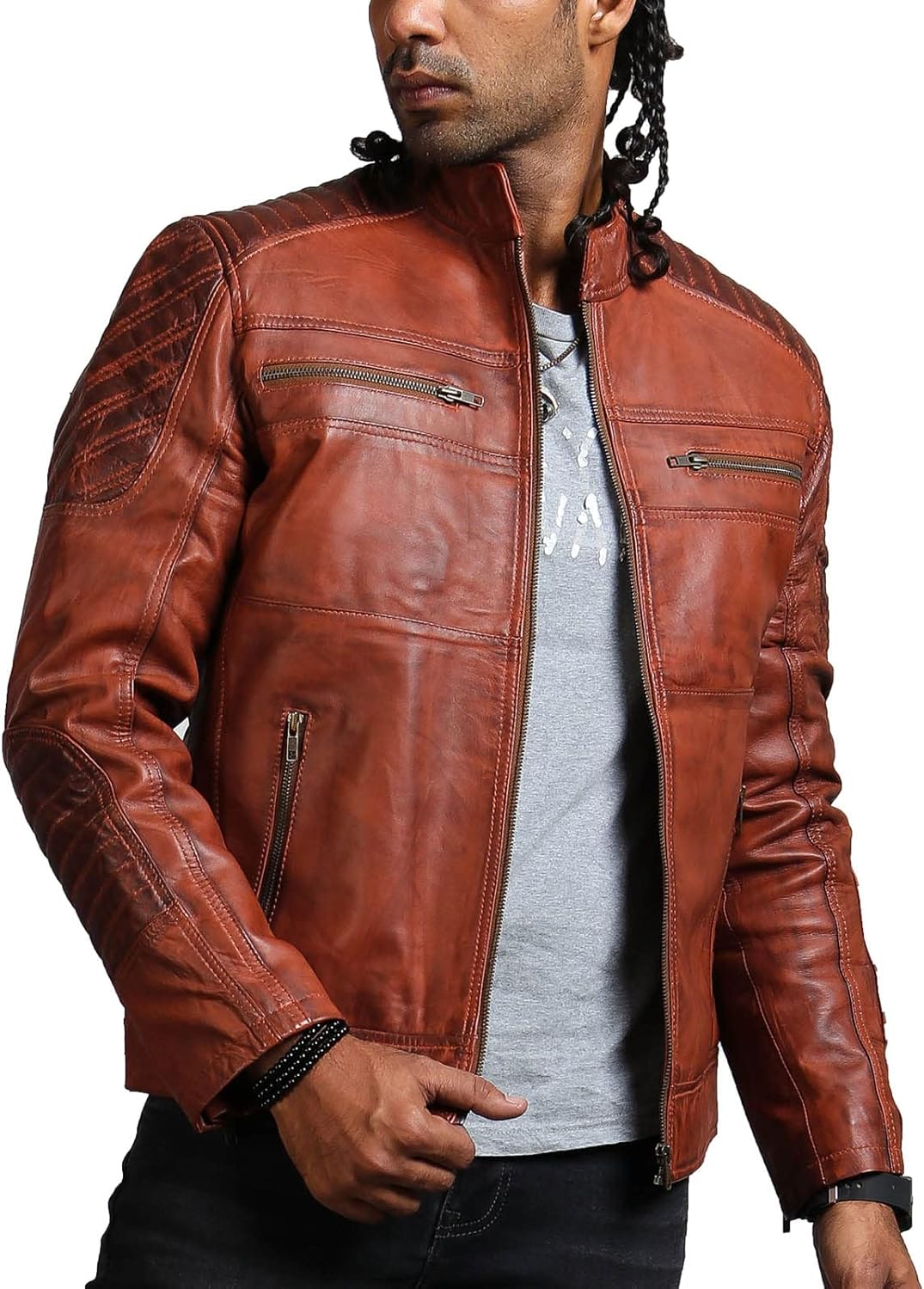 Mens Brown Leather Motorcycle Jackets - Cafe Racer Slim Fit Le... - view 2