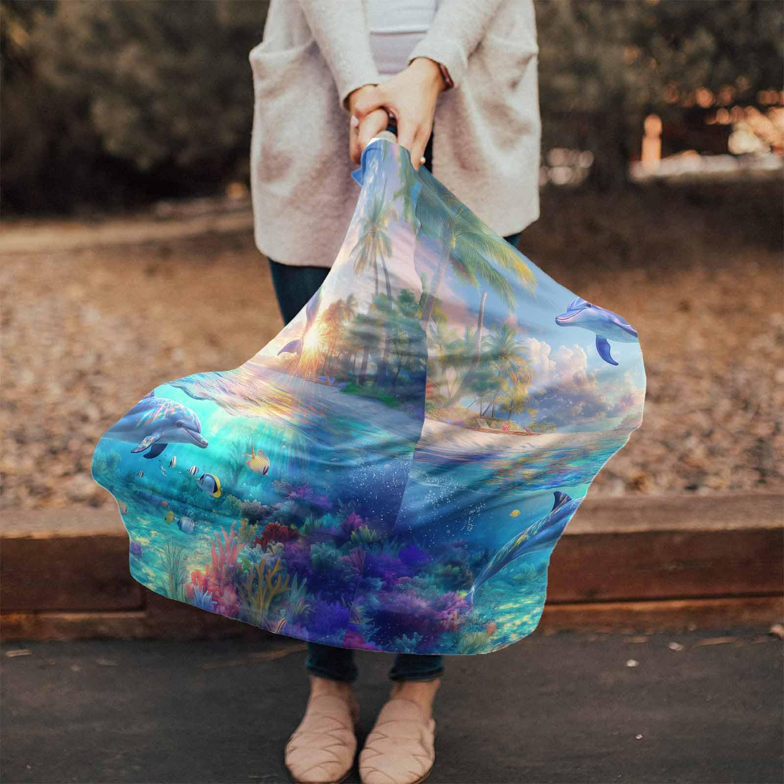 Nursing Cover for Breastfeeding Scarf, Marine Life Tropical Trees Summer Baby Car Covers Super Soft Multi Use for Canopy Shopping Cart Cover Blanket Stroller Cover