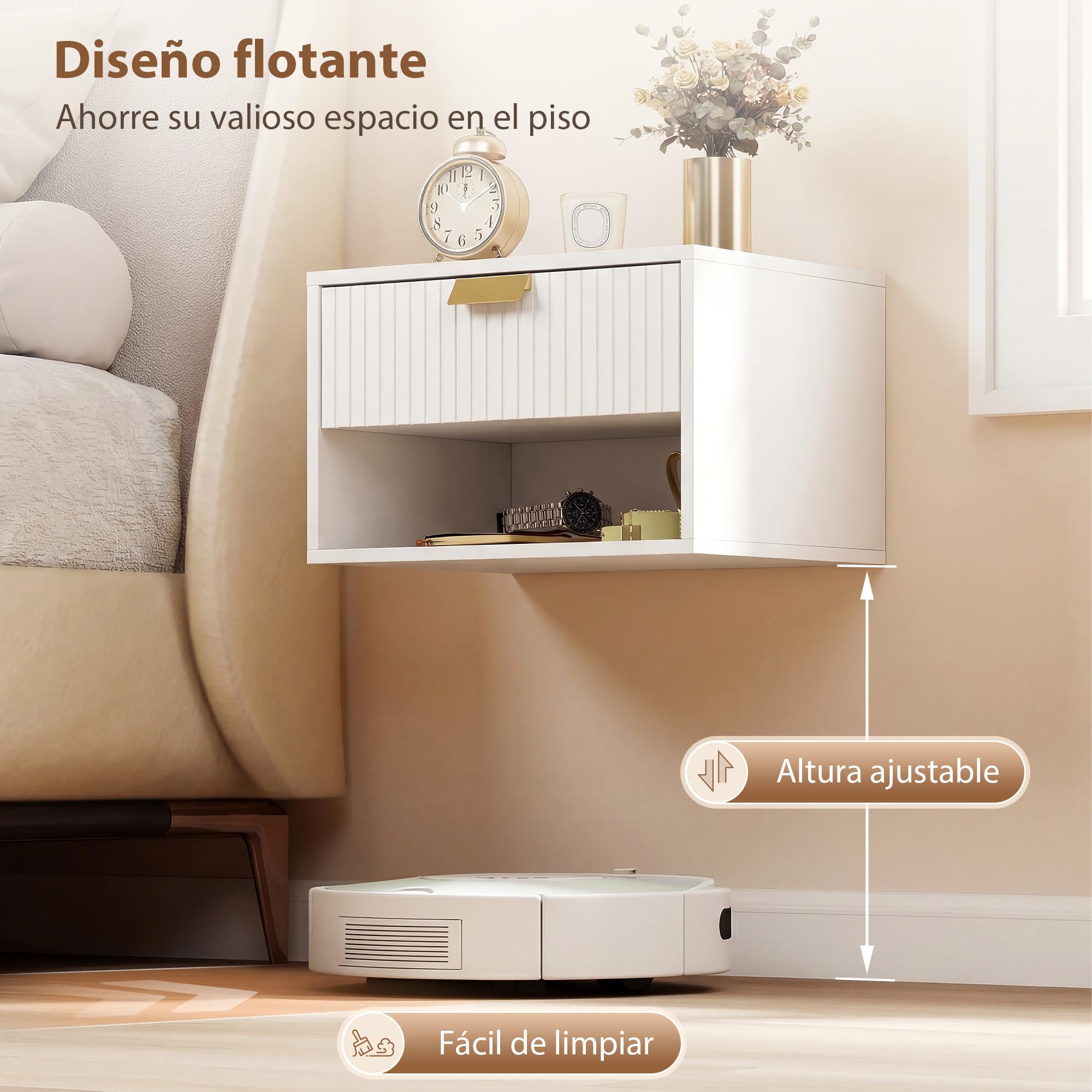 HOMCOM Juego de 2 Mesitas de Noche Flotantes con Cajón 40x30x25 cm Blanco | Mesillas de Noche, Frente Ondulado, Estante Abierto, Diseño Moderno, para Dormitorio