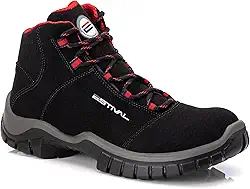 Estival EN1007 Bota De Segurança Masculina Preto E Vermelho Cano Médio, Fechamento Com Cadarço Elástico, Botina Masculina Sola Bi Densidade, Biqueira Composite, Resistente a Água, Bota Masculina Trabalho, Microfibra E Poliuretano