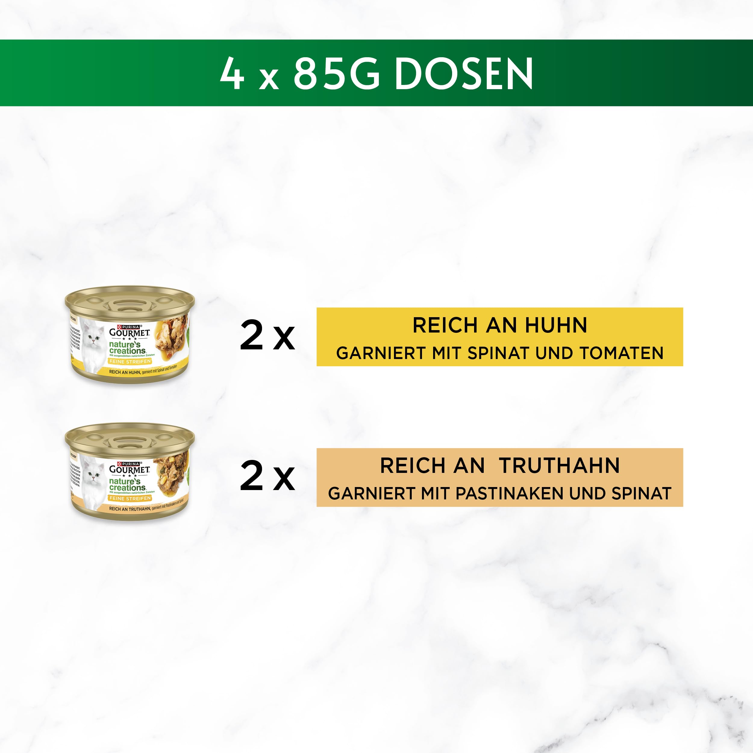Gourmet Nature's Creations Feine Streifen Katzenfutter nass, reich an Huhn & Truthahn mit Spinat & Gemüse, 12er Pack, 12 x (4x85g)