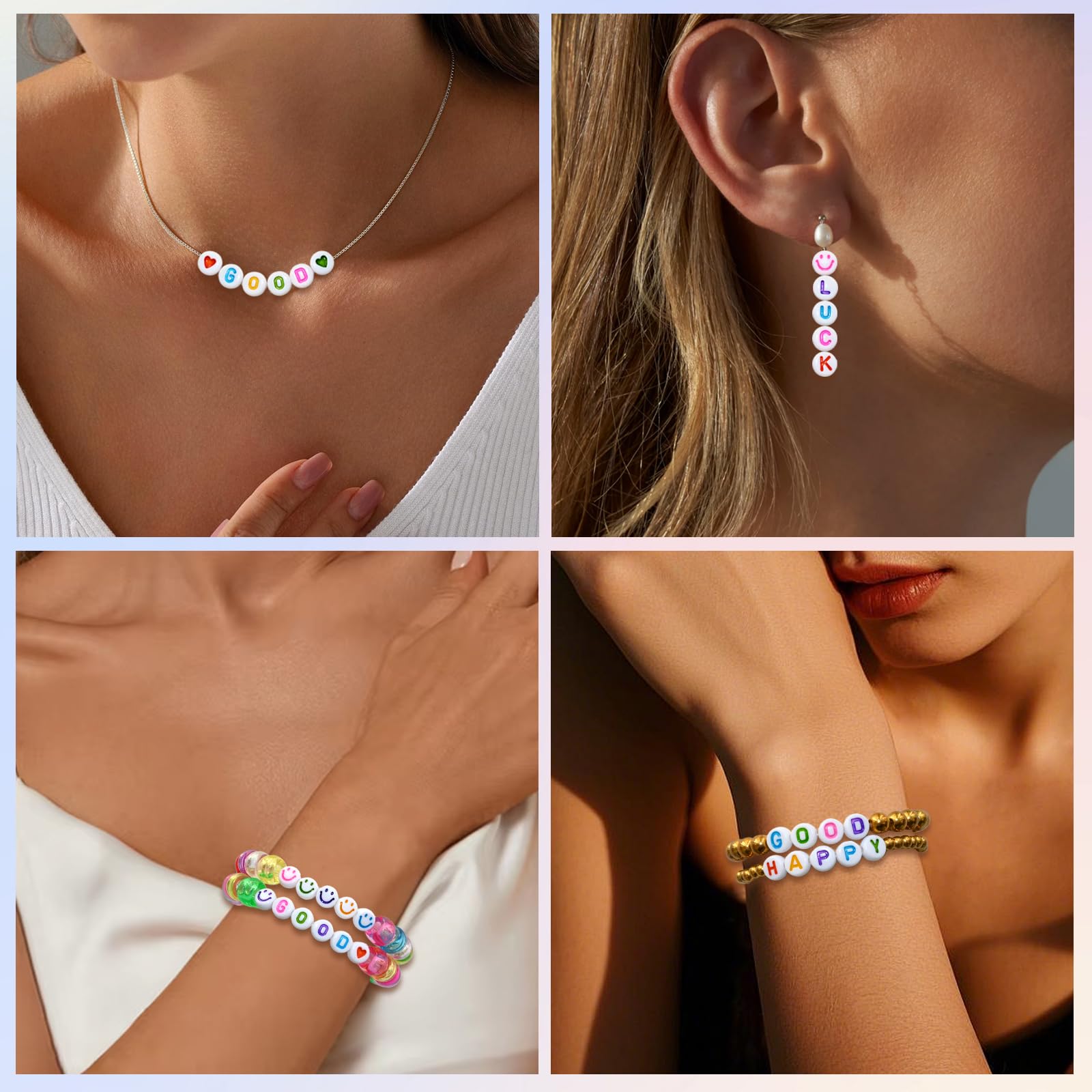 Looconi 1000 szt. Koraliki z literami, koraliki w kształcie serca i buźki, 7 x 4 mm, do produkcji biżuterii, bransoletki, warkoczy do włosów, rękodzieła
