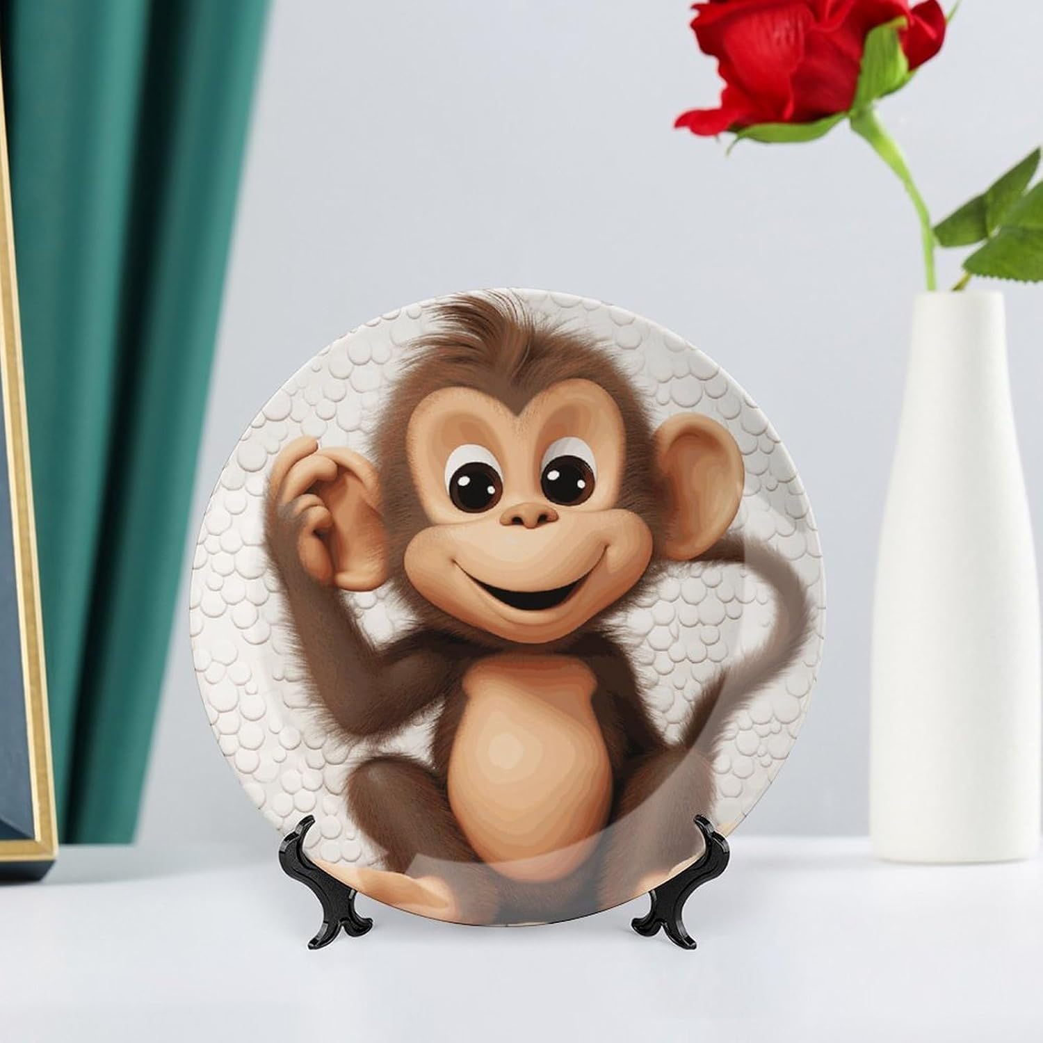 Cute Monkey Bone China Decorative Plate with Display Stand, Ceramic Ornaments Plate for Wall Hanging, Personalized Porcelain Plates for Office, Living Room 8inch